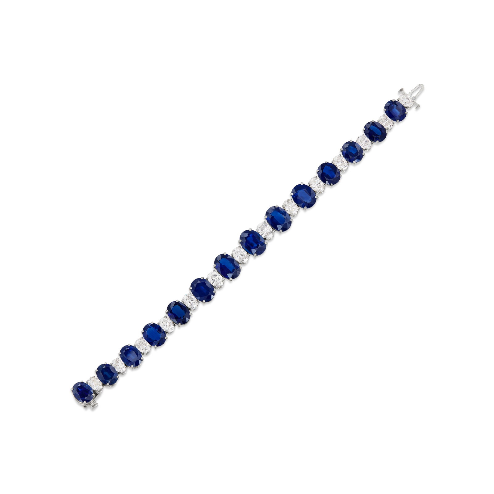 SAPPHIRE AND DIAMOND BRACELET: SAPPHIRE AND DIAMOND BRACELET Details Oval-shaped sapphires and diamonds, platinum Sapphires: 14 oval-shaped with approximate total weight of 40.00 - 40.25 carats Diamonds: 14 oval-shaped with