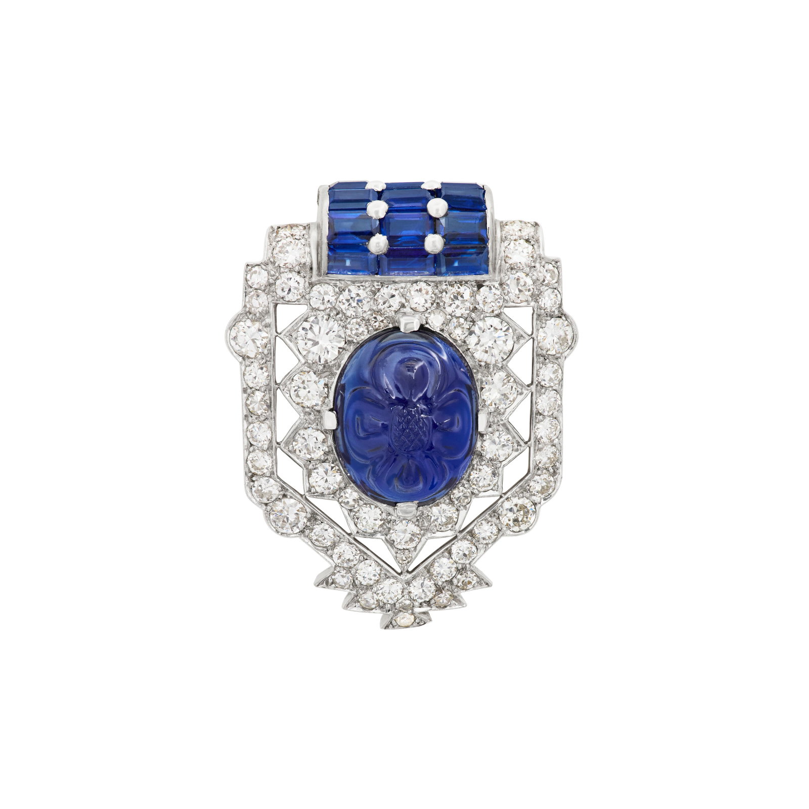 CARTIER ART DECO SAPPHIRE AND DIAMOND CLIP: CARTIER ART DECO SAPPHIRE AND DIAMOND CLIP Details Carved oval cabochon and baguette-cut and sapphires, old and single-cut diamonds, platinum and white gold (clip), circa 1925, signed Cartier