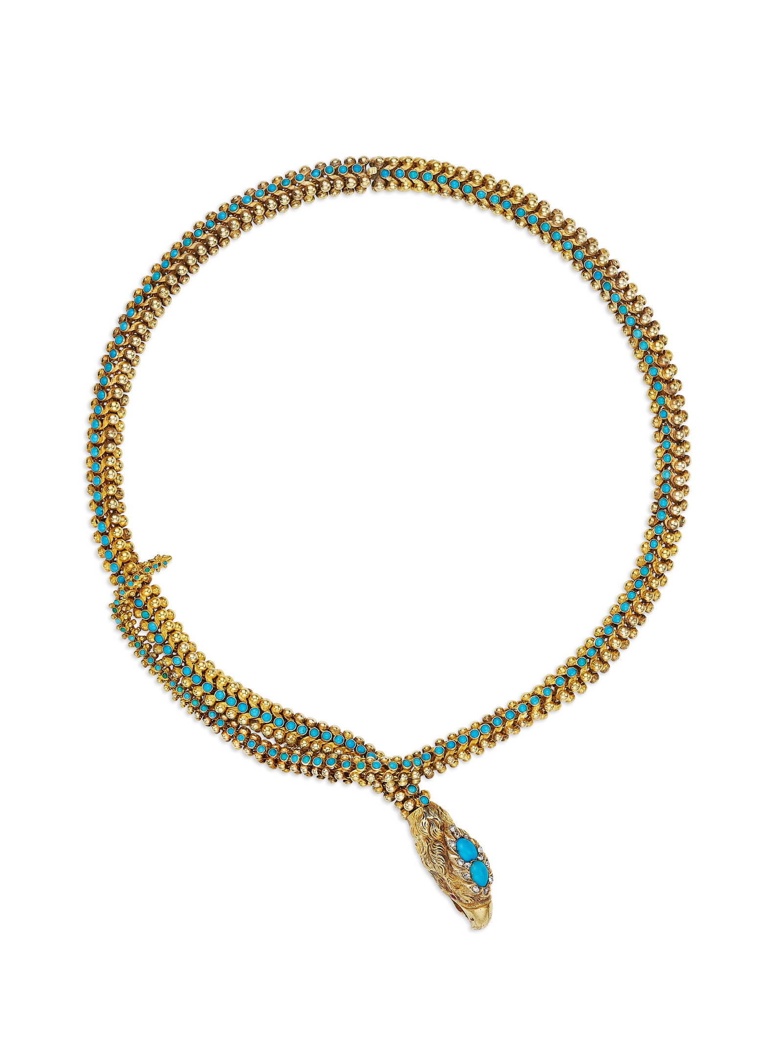 ANTIQUE TURQUOISE, DIAMOND AND RUBY BIRD NECKLACE: ANTIQUE TURQUOISE, DIAMOND AND RUBY BIRD NECKLACE Details Designed with a bird head, round and oval turquoise cabochons, rose-cut diamonds, round rubies, yellow gold, circa 1840 Size/Dimensions: 46.9