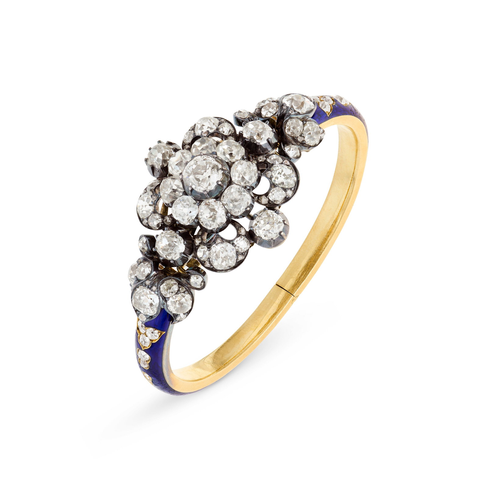 ANTIQUE DIAMOND AND ENAMEL BANGLE BRACELET: ANTIQUE DIAMOND AND ENAMEL BANGLE BRACELET Details Old and rose-cut diamonds, blue enamel, silver topped gold and yellow gold, circa 1880, central diamond element detachable and may be worn as a