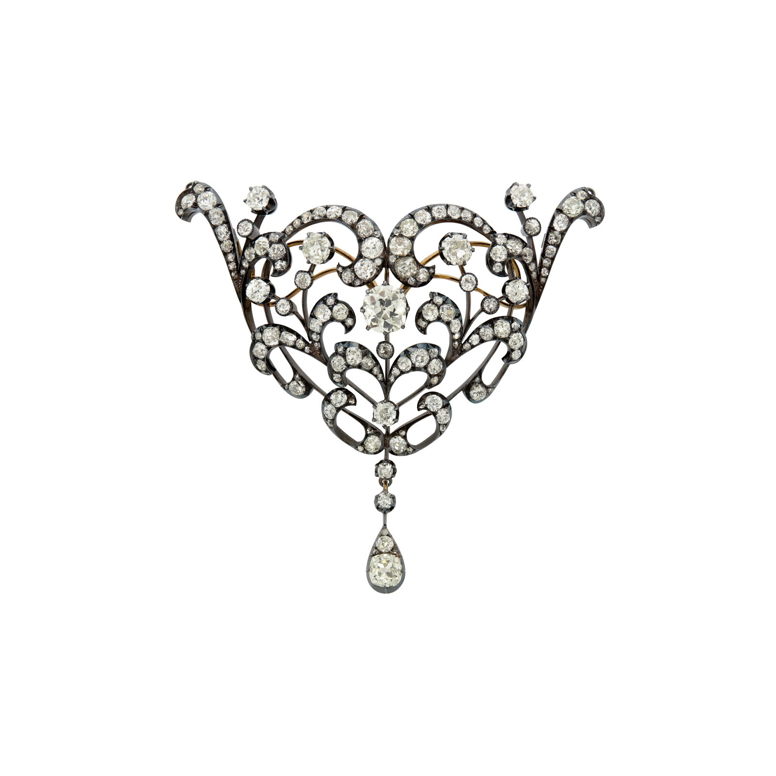 ANTIQUE DIAMOND BROOCH: ANTIQUE DIAMOND BROOCH Details Old and rose-cut diamonds, platinum topped gold, circa 1900 Diamonds: largest with an approximate total weight of 1.50 - 2.00 carats, approximately 145 old and rose-cut