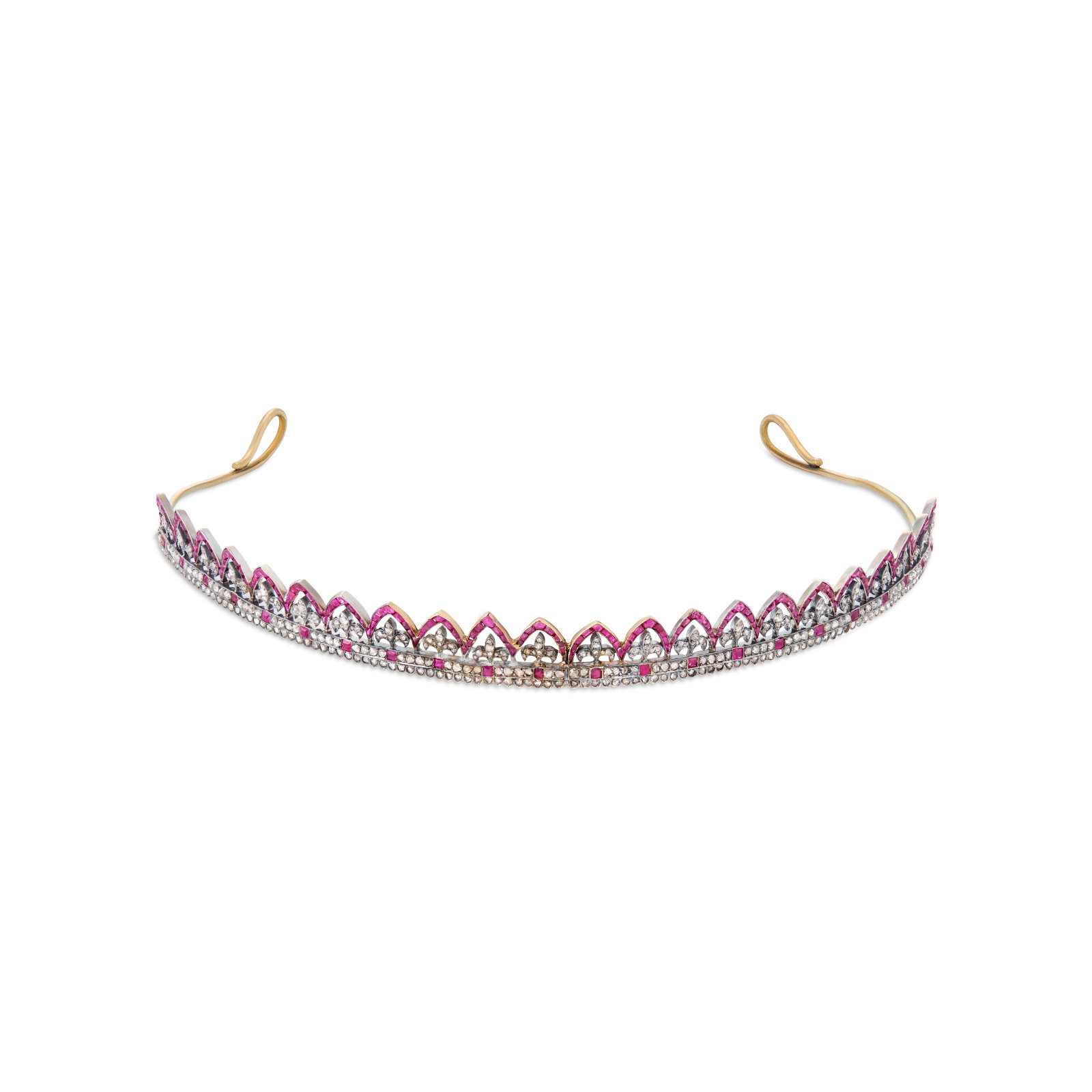 ANTIQUE RUBY AND DIAMOND TIARA: ANTIQUE RUBY AND DIAMOND TIARA Details Calibré and square-cut rubies, rose-cut diamonds, yellow gold and silver-topped gold, late 19th century Size/Dimensions: inner circumference approximately