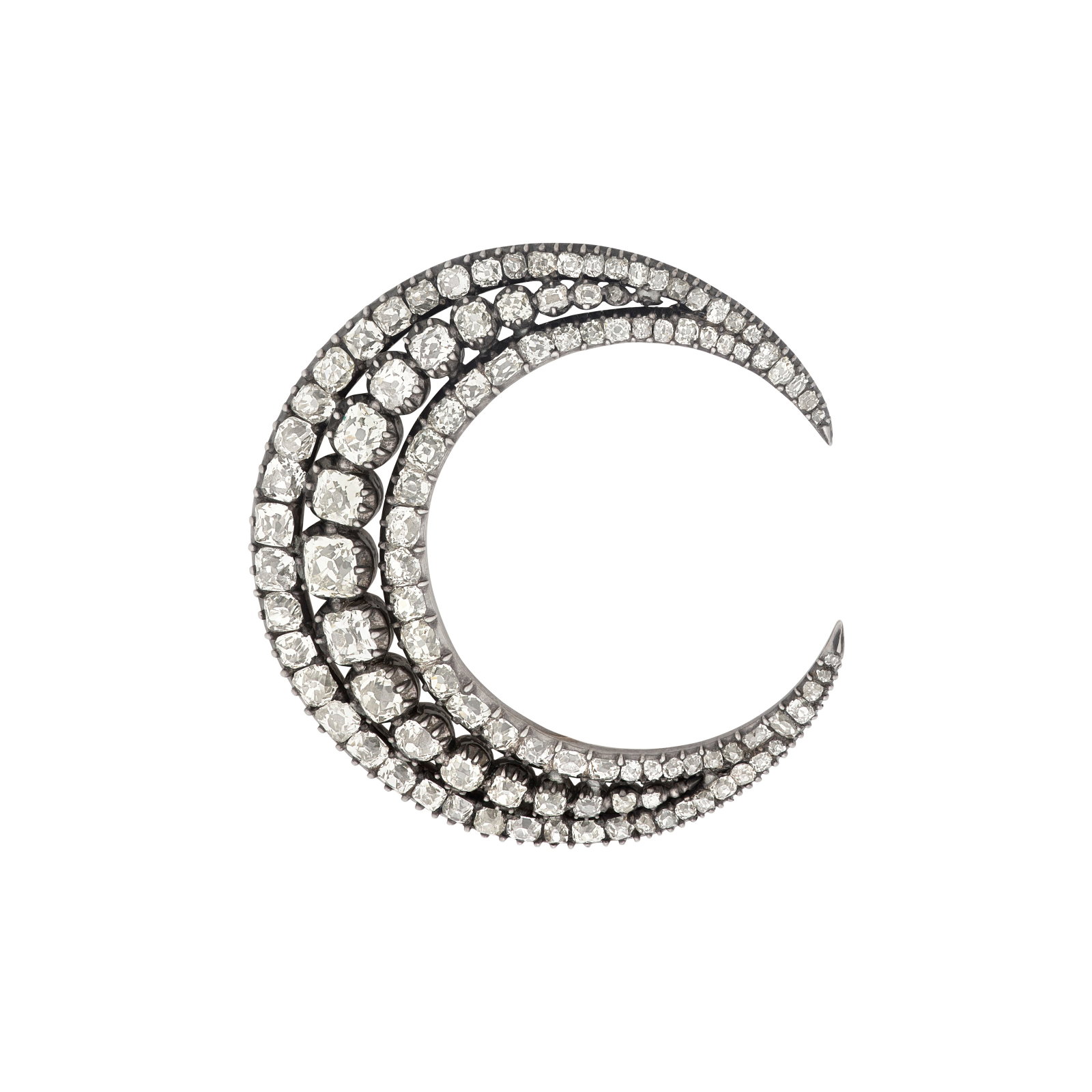 ANTIQUE DIAMOND CRESCENT MOON BROOCH: ANTIQUE DIAMOND CRESCENT MOON BROOCH Details Old-cut diamonds, silver-topped gold, early to mid 19th century Diamonds: approximately 110 old-cut with approximate total weight of 7.50 - 8.50 carats