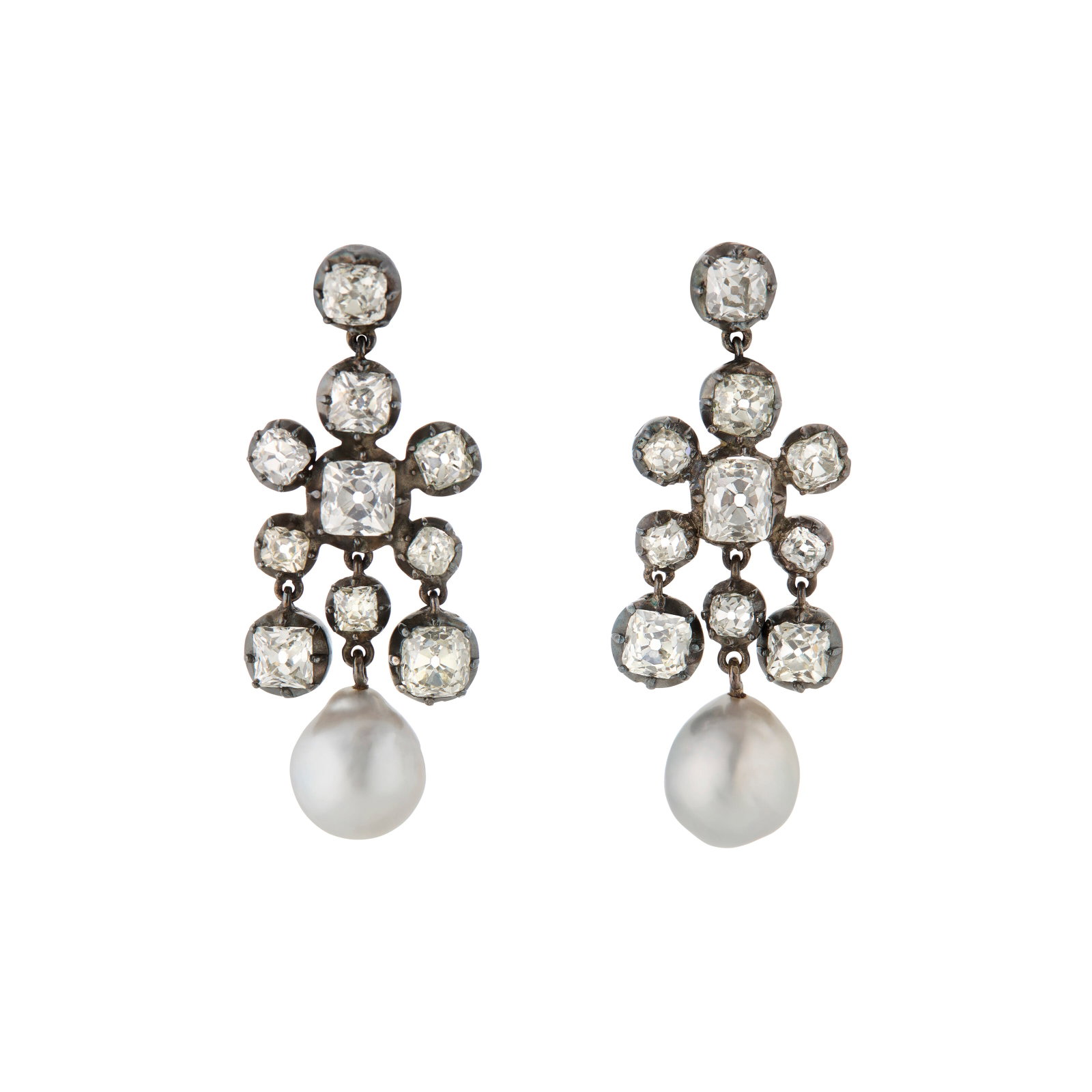 DIAMOND AND BAROQUE PEARL EARRINGS: DIAMOND AND BAROQUE PEARL EARRINGS Details Old-cut diamonds, light gray baroque pearls, silver topped gold Diamonds: 20 old-cut with an approximate total weight of 5.30 - 5.50 carats Size/Dimensions: