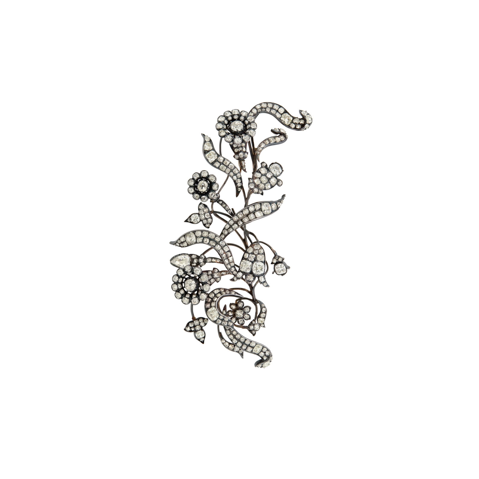 ANTIQUE DIAMOND BROOCH: ANTIQUE DIAMOND BROOCH Details Old-cut diamonds, silver-topped gold, circa 1880 Diamonds: approximately 222 old-cut with an approximate total weight of 14.00 - 15.00 carats Size/Dimensions: 10.4 cm
