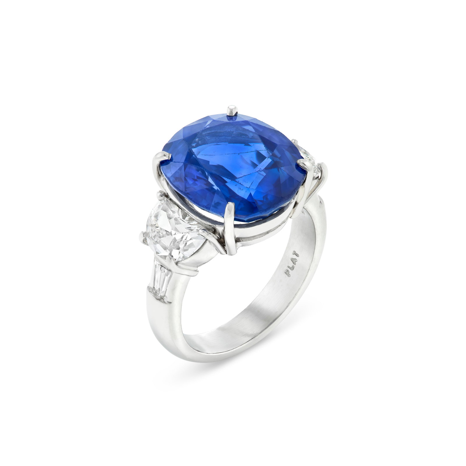 SAPPHIRE AND DIAMOND RING: SAPPHIRE AND DIAMOND RING Details Oval brilliant-cut sapphire of 11.22 carats, half moon-shaped and tapered baguette-cut diamonds, platinum GIA, 2021, report no. 6214859217: 11.22 carats, Sri Lanka,