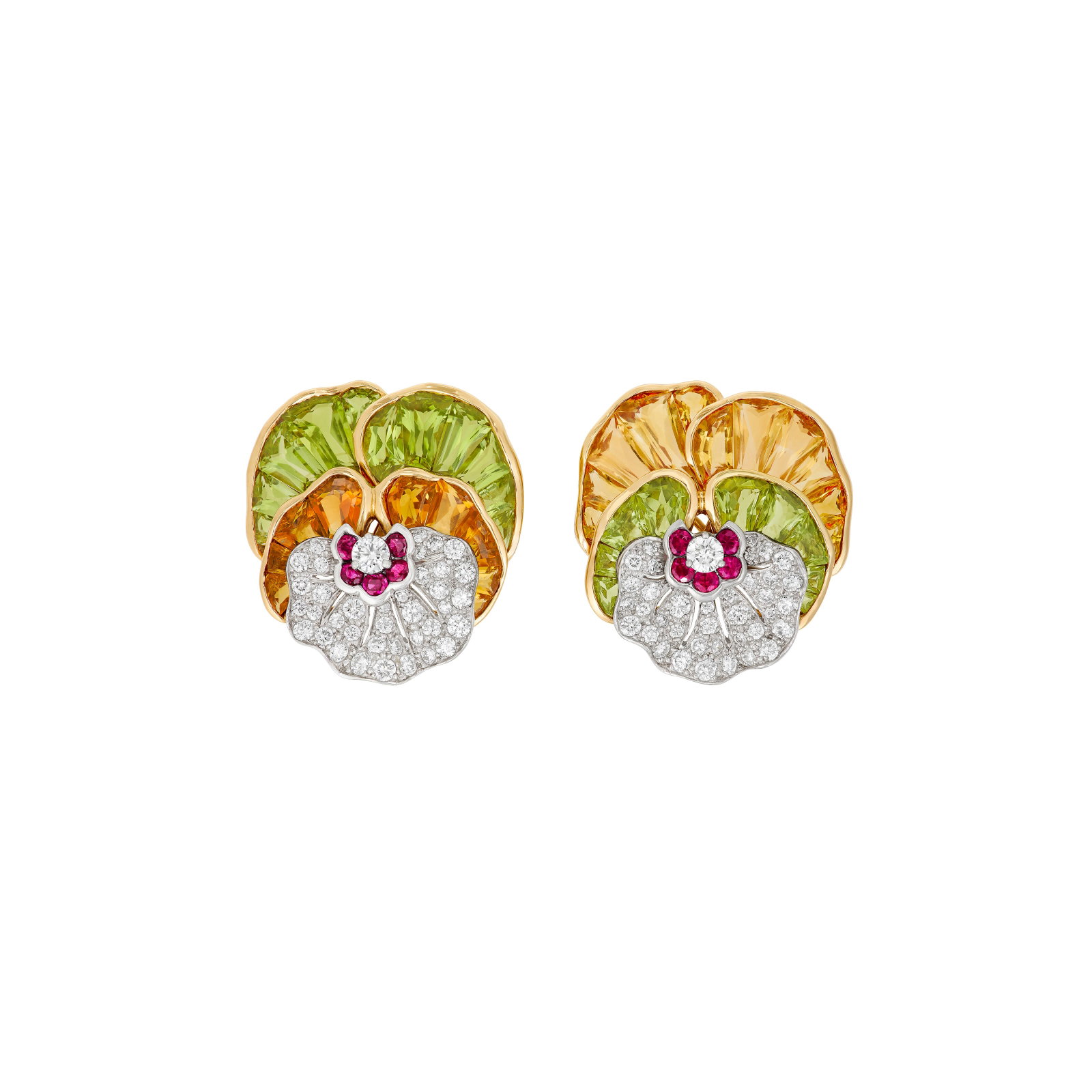 OSCAR HEYMAN & BROTHERS MULTI-GEM AND DIAMOND 'PANSY' EARRINGS: OSCAR HEYMAN & BROTHERS MULTI-GEM AND DIAMOND 'PANSY' EARRINGS Details Calibré-cut peridots and citrines, round rubies and diamonds, 18k yellow gold and platinum, maker's mark, numbered