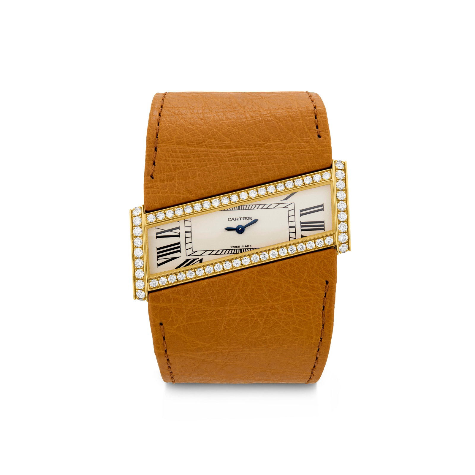 CARTIER DIAMOND AND GOLD 'TANK DIVAN DIAGONALE' WRISTWATCH: CARTIER DIAMOND AND GOLD 'TANK DIVAN DIAGONALE' WRISTWATCH Details Quartz movement, round diamonds, 18k yellow gold (Swiss mark), signed Carter, maker's mark, numbered, brown ostrich strap,
