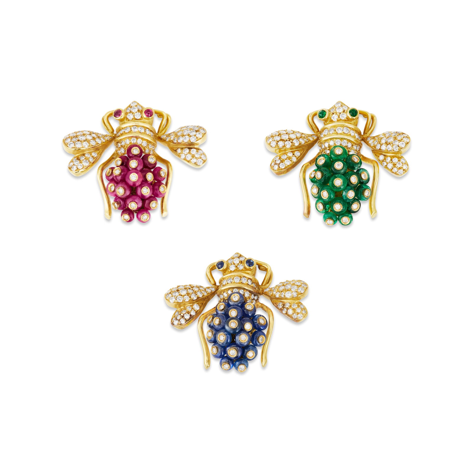 GIOVANE THREE MULTI-GEM AND DIAMOND BEE BROOCHES: GIOVANE THREE MULTI-GEM AND DIAMOND BEE BROOCHES Details Each designed as a bee, round ruby, sapphire and emerald cabochons and rondelle beads, round diamonds, 18k yellow gold (each with Italian