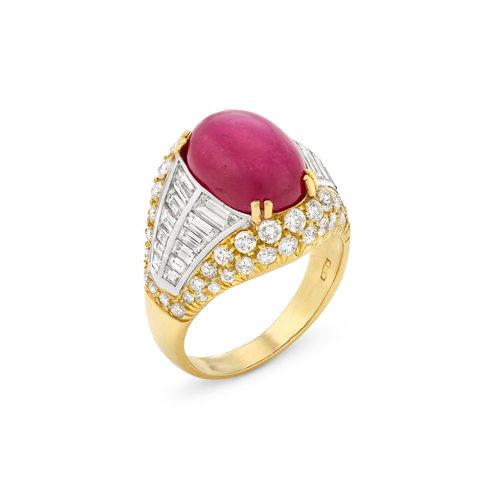RUBY AND DIAMOND RING: RUBY AND DIAMOND RING Details Oval ruby cabochon, baguette and round diamonds, 18k yellow gold (Italian mark) AGL, 2026, report no. 1155566: origin not requested, heat treatment, moderate clarity