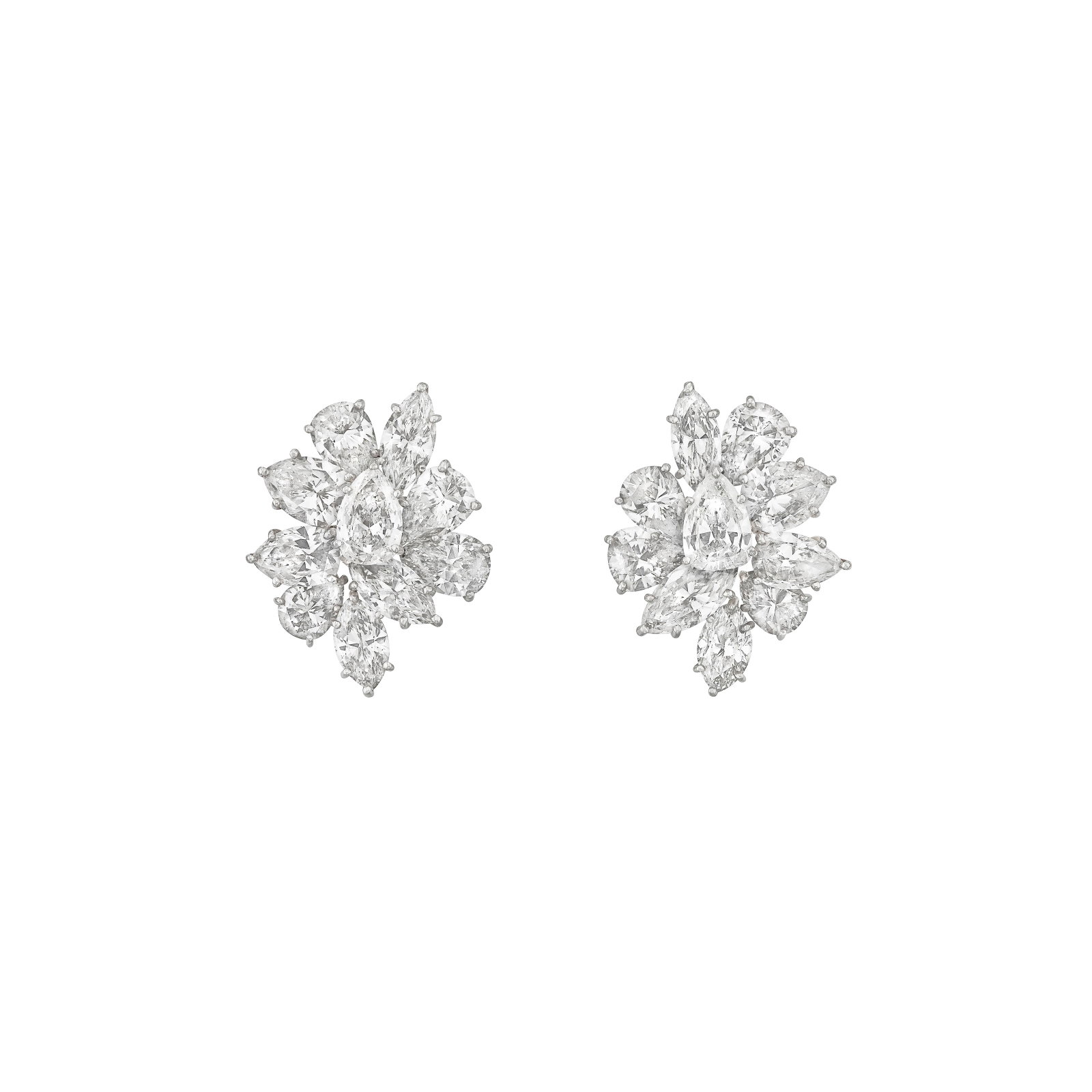 DIAMOND CLUSTER EARRINGS: DIAMOND CLUSTER EARRINGS Details Pear and marquise-cut diamonds, platinum Diamonds: 14 pear and six marquise with an approximate total weight of 14.00 – 15.00 carats Size/Dimensions: 2.8 cm