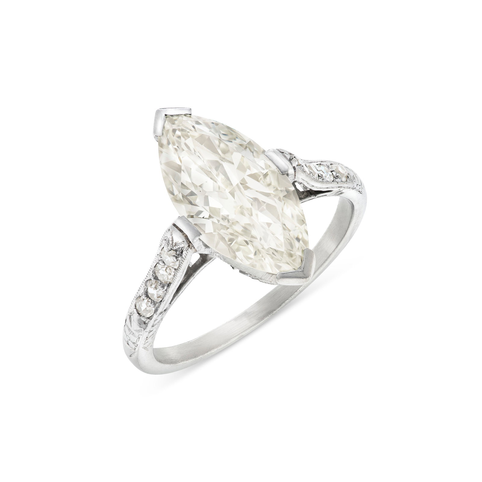 DIAMOND RING: DIAMOND RING Details Marquise brilliant-cut diamond of 2.68 carats, single-cut diamonds, platinum GIA, 2026, report no. 1232902828: 2.68 carats, M color, VS1 clarity Size/Dimensions: US ring size