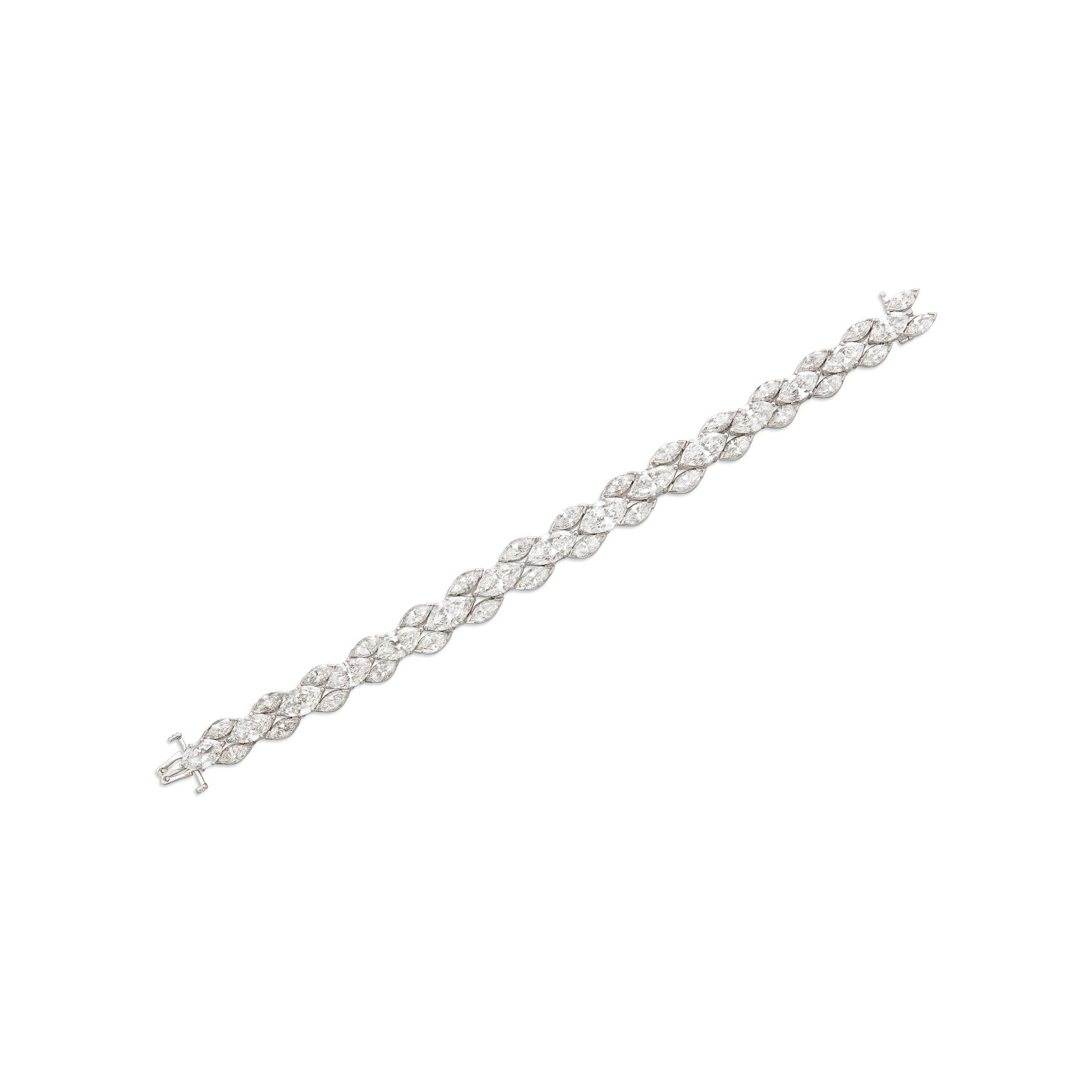 DIAMOND BRACELET: DIAMOND BRACELET Details Marquise-cut diamonds, platinum Diamonds: 15 largest marquise with approximate total weight of 17.00 - 19.00 carats, remaining approximately 15 marquise with approximate