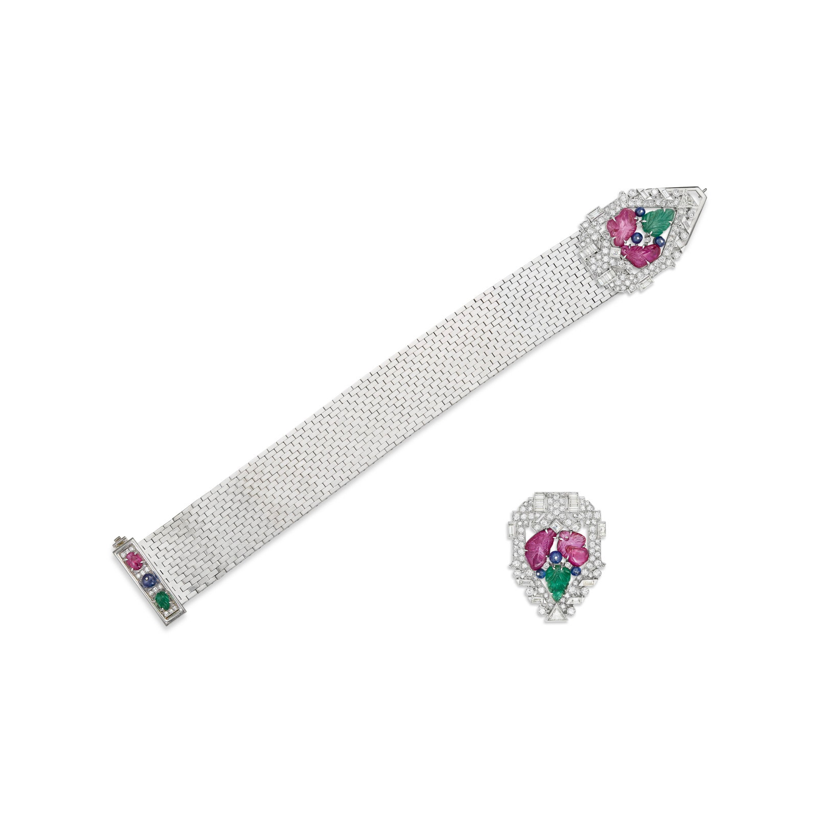 PAIR OF MULTI-GEM AND DIAMOND CLIP-BROOCHES AND BRACELET: PAIR OF MULTI-GEM AND DIAMOND CLIP-BROOCHES AND BRACELET Details Carved rubies and emeralds, sapphire beads, round, single, baguette, square and triangular-shaped diamonds, platinum and white gold,