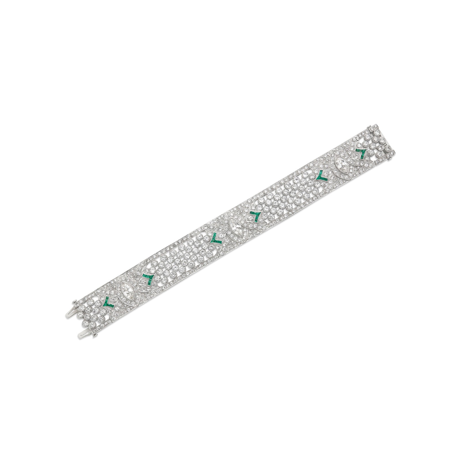 ART DECO EMERALD AND DIAMOND BRACELET: ART DECO EMERALD AND DIAMOND BRACELET Details Calibré-cut emeralds, marquise, old and single-cut diamonds, platinum, circa 1925 Diamonds: three marquise, 24 single and 324 old with an