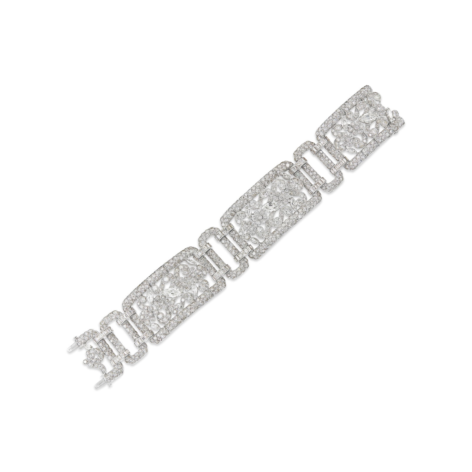 DIAMOND BRACELET: DIAMOND BRACELET Details Round, marquise and baguette-cut diamonds, platinum, circa 1950, numbered (partially indistinct) Diamonds: approximately 596 round with approximate total weight of 16.00 -