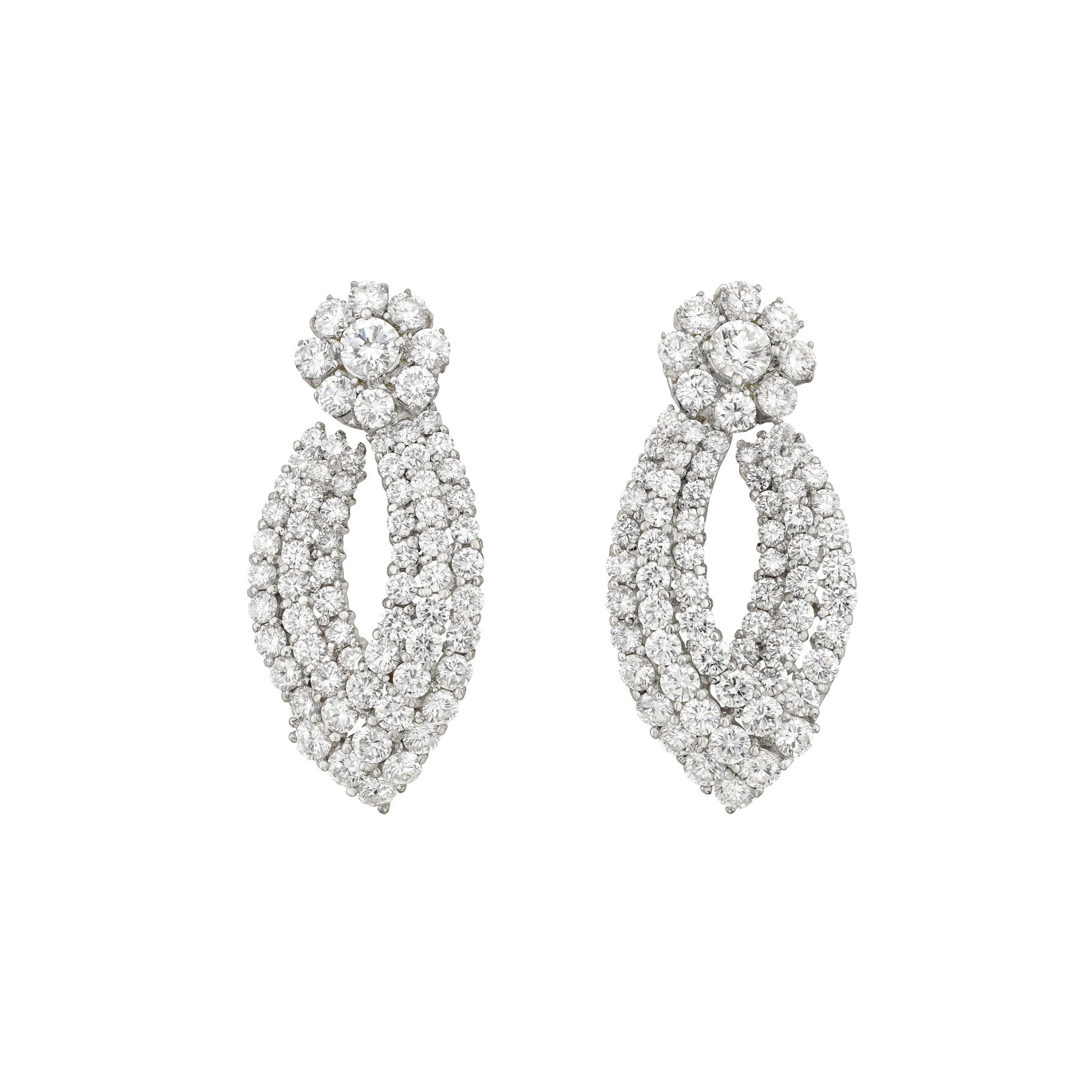 DIAMOND EARRINGS: DIAMOND EARRINGS Details Round diamonds, platinum Diamonds: 144 round with an approximate total weight of 19.00 – 20.00 carats Size/Dimensions: 4.7 cm (17⁄8 in) Gross Weight: 35.0 grams