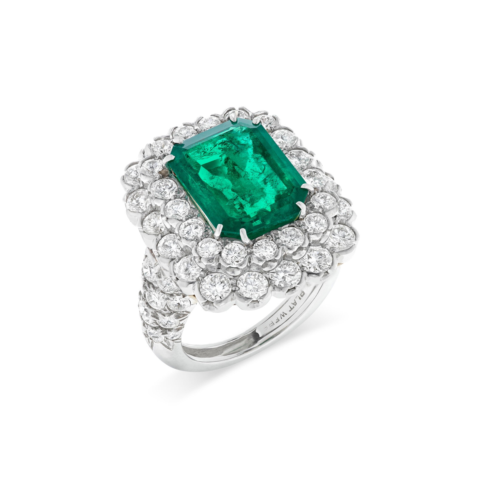 DAVID WEBB EMERALD AND DIAMOND RING: DAVID WEBB EMERALD AND DIAMOND RING Details Rectangular emerald-cut emerald, round diamonds, platinum and yellow gold, circa 1975, signed Webb AGL, 2026, report no. 1154992: Colombia, clarity