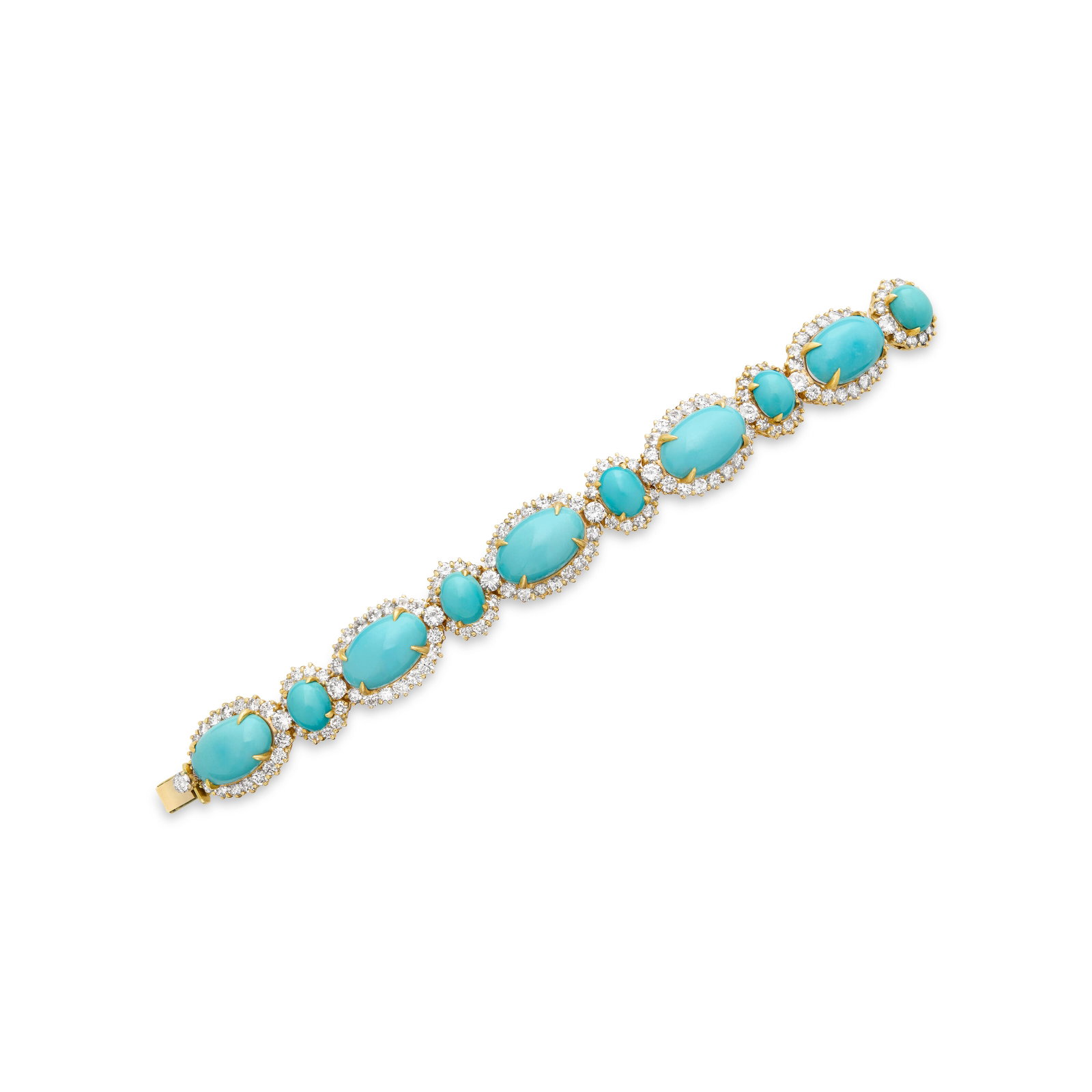 TURQUOISE AND DIAMOND BRACELET: TURQUOISE AND DIAMOND BRACELET Details Oval turquoise cabochons, round diamonds, yellow gold GIA, 2026, report no. 5231904005: three stones tested at random, natural turquoise, no indications of