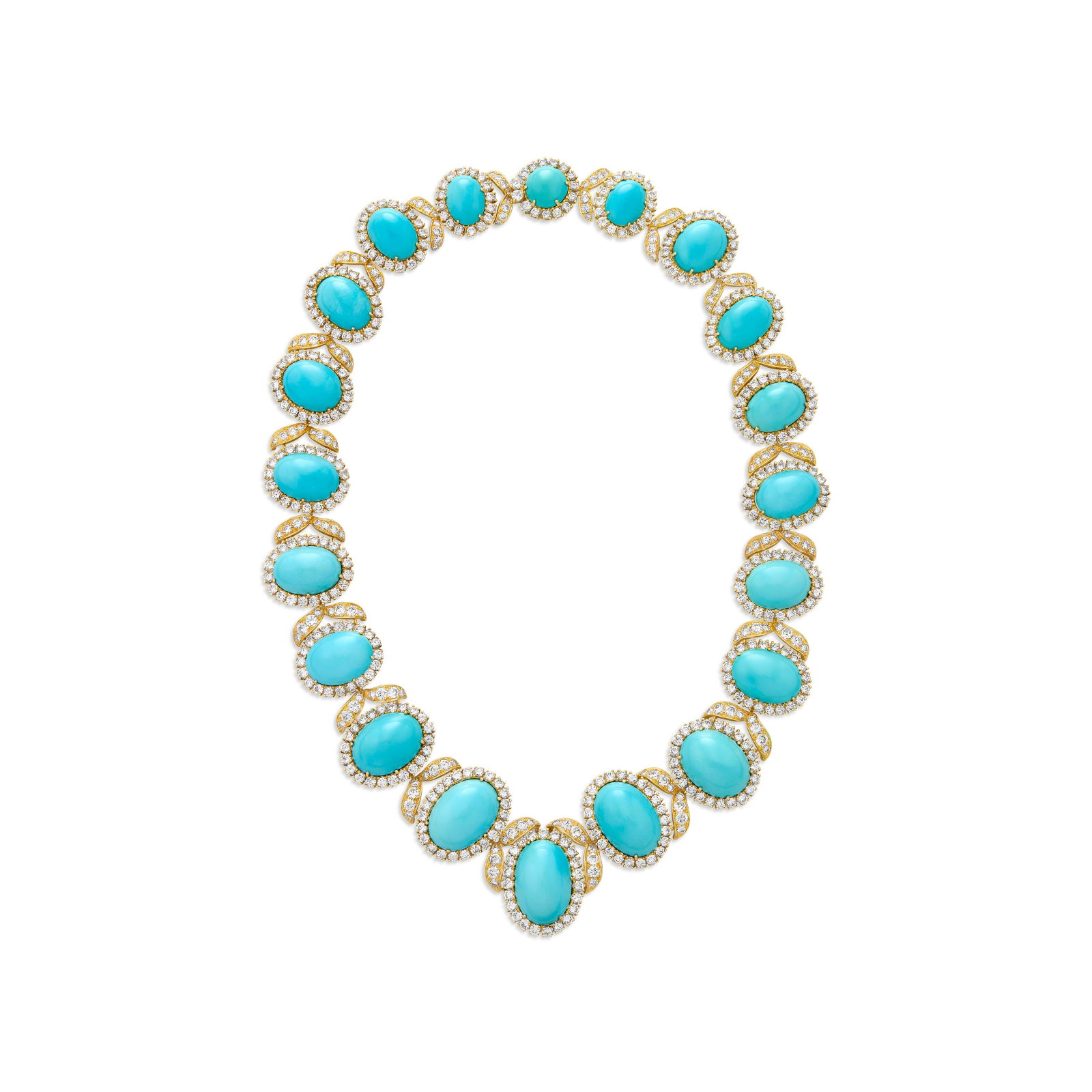 TURQUOISE AND DIAMOND NECKLACE: TURQUOISE AND DIAMOND NECKLACE Details Oval and round turquoise cabochons, round diamonds, 18k yellow gold GIA, 2026, report no. 2235901718: three stones tested at random, natural turquoise, no