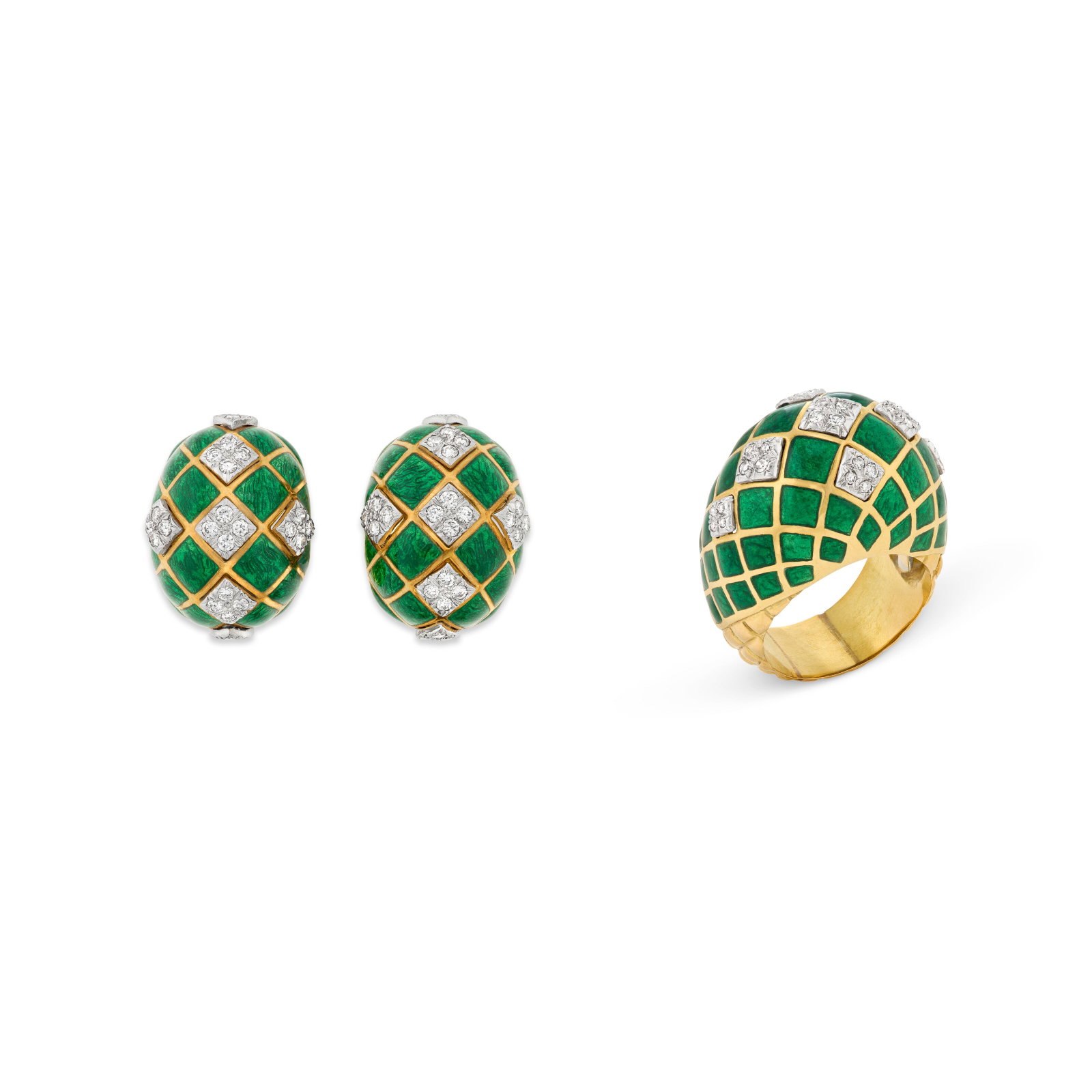 DAVID WEBB SET OF DIAMOND AND ENAMEL JEWELRY: DAVID WEBB SET OF DIAMOND AND ENAMEL JEWELRY Details Round and single-cut diamonds, green enamel, 18k yellow gold and platinum, earrings signed Webb, ring signed David Webb Diamonds (earrings): with
