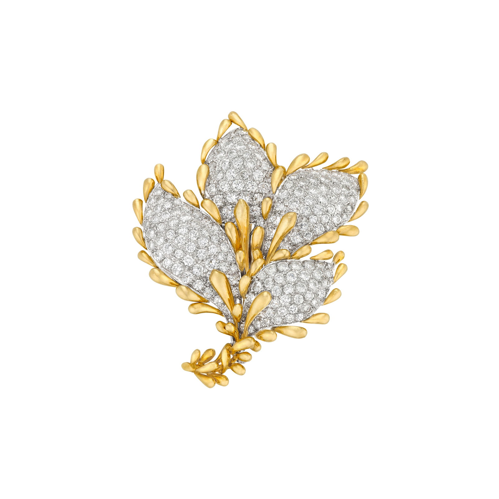 DAVID WEBB DIAMOND AND GOLD BROOCH: DAVID WEBB DIAMOND AND GOLD BROOCH Details Round diamonds, 18k yellow gold and platinum, signed Webb Diamonds: approximately 182 round with an approximate total weight of 7.50 – 8.00 carats
