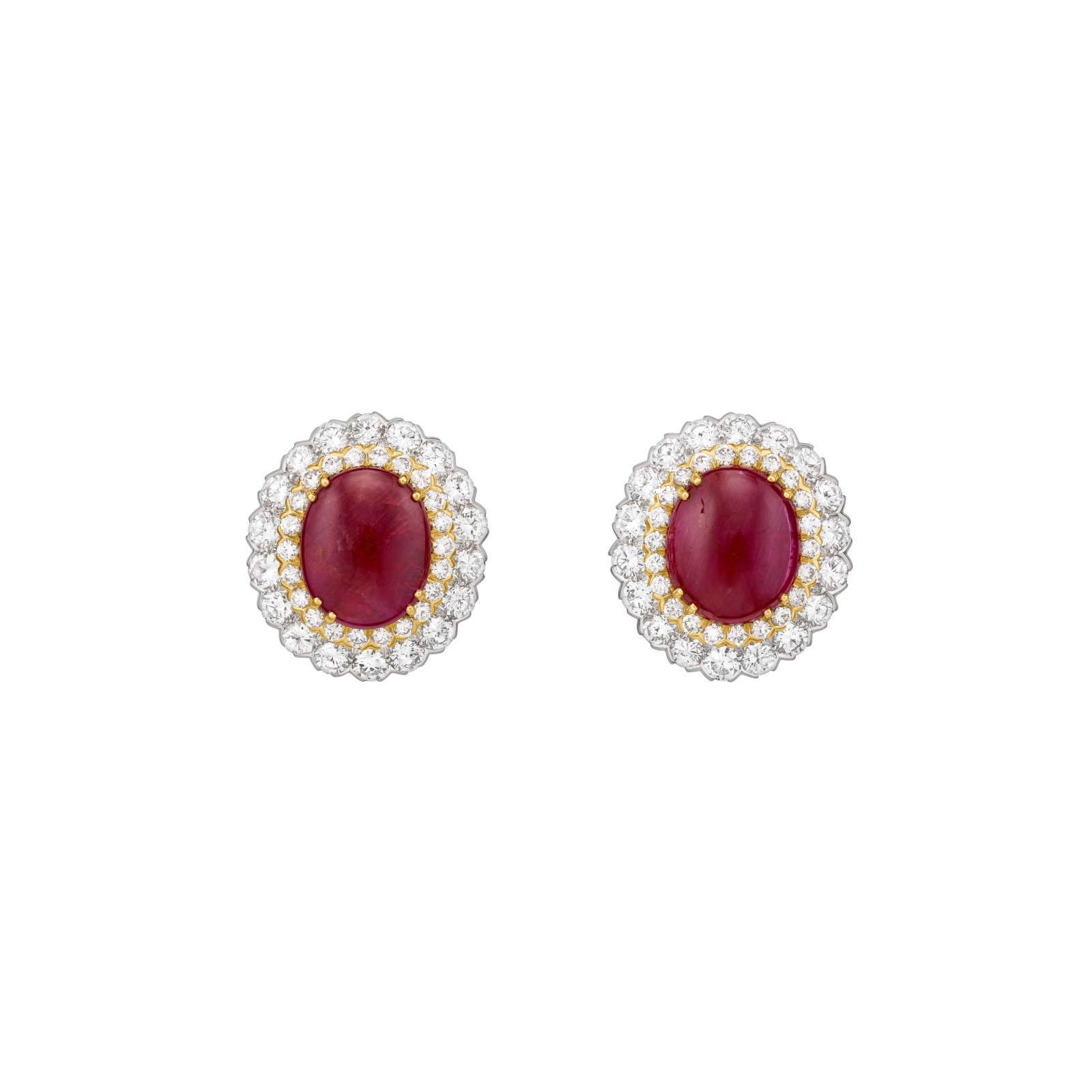 DAVID WEBB RUBY AND DIAMOND EARRINGS: DAVID WEBB RUBY AND DIAMOND EARRINGS Details Oval ruby cabochons, round diamonds, platinum and 18k yellow gold, signed Webb AGL, 2026, report no. 1154914 A and B: Burma, heat enhancement: none