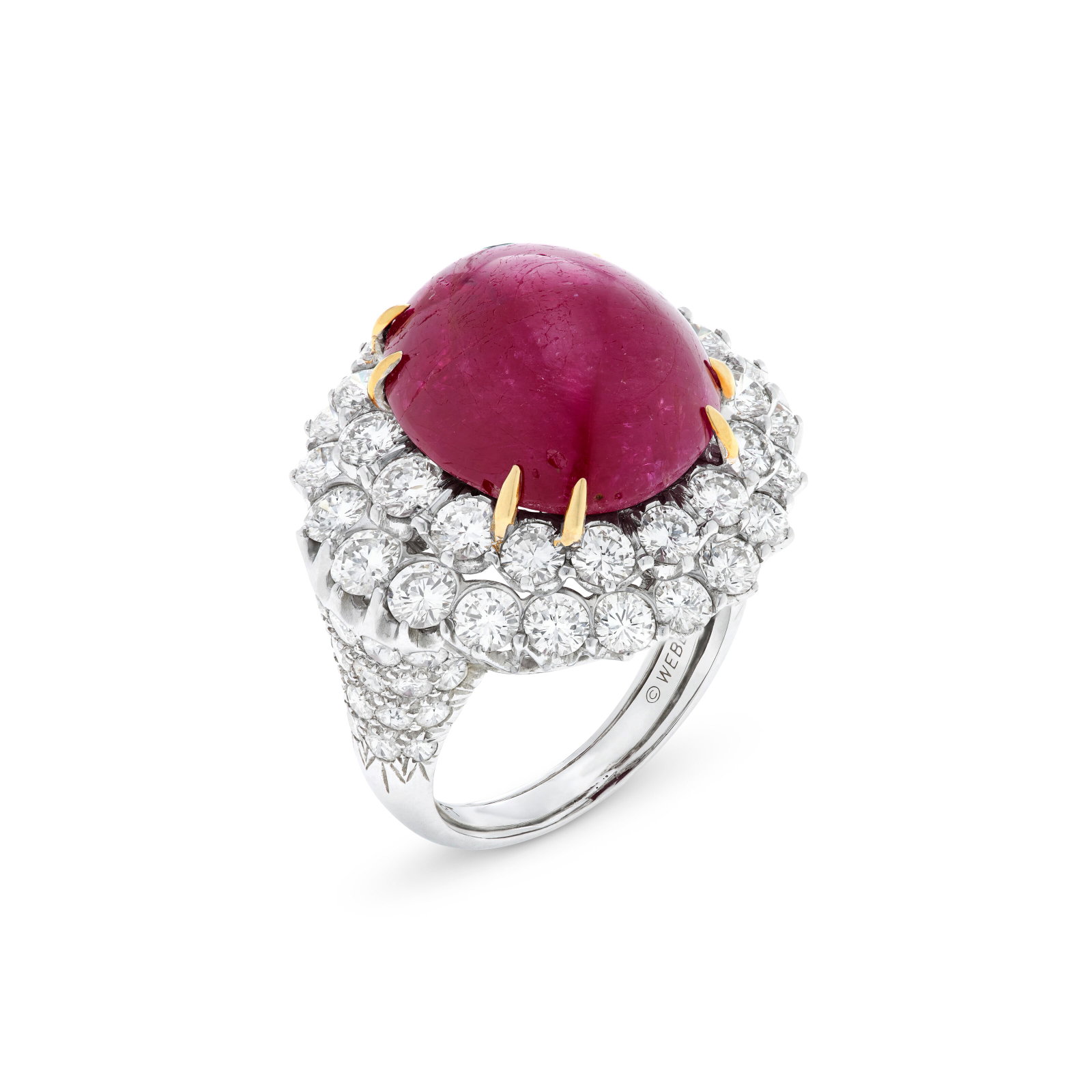DAVID WEBB RUBY AND DIAMOND RING: DAVID WEBB RUBY AND DIAMOND RING Details Oval double cabochon ruby, round diamonds, platinum and yellow gold, circa 1975, signed Webb AGL, 2026, report no. 1154993: Burma, heat enhancement: none