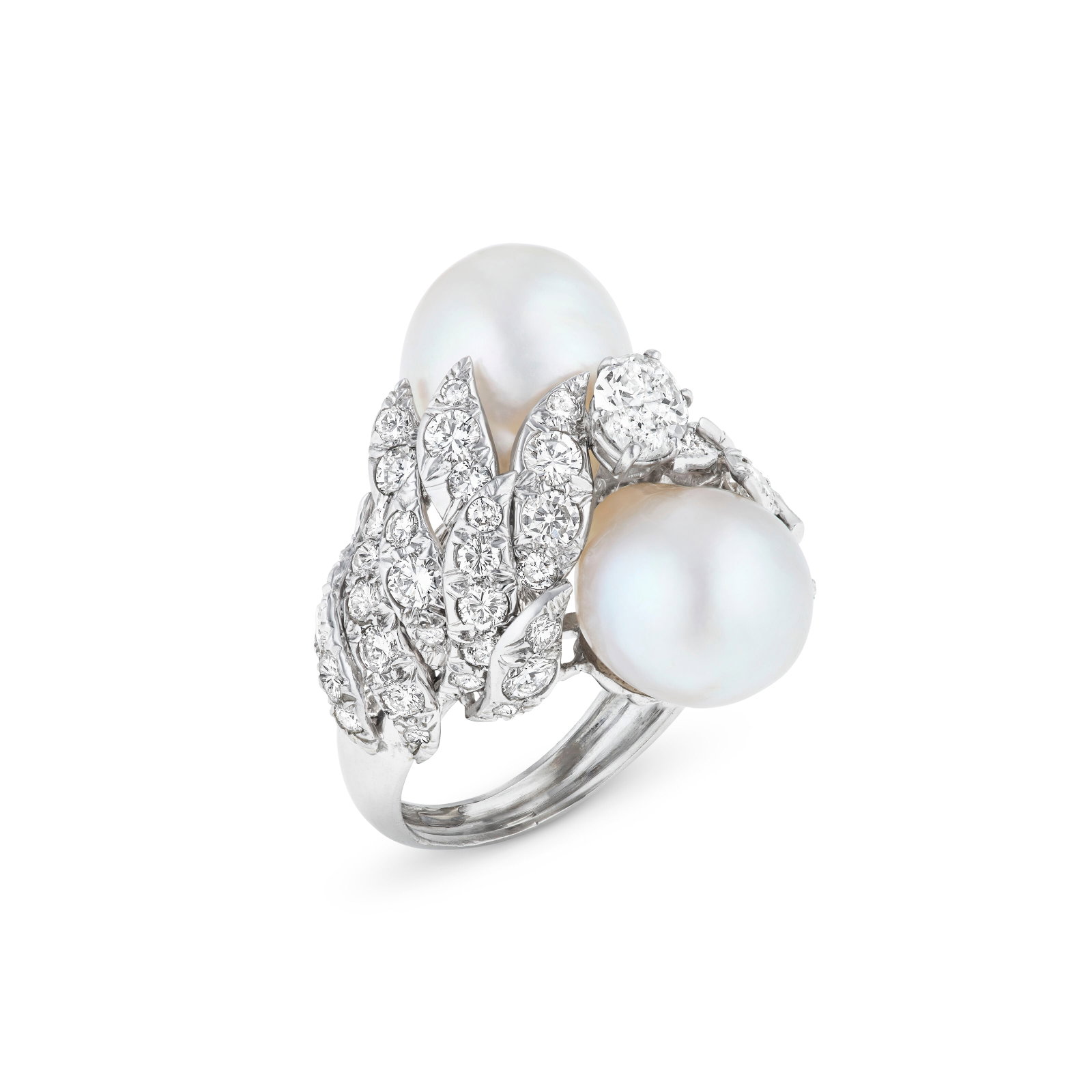 DAVID WEBB CULTURED PEARL AND DIAMOND RING: DAVID WEBB CULTURED PEARL AND DIAMOND RING Details Baroque cultured pearls of approximately 12.75 to 11.10 mm, marquise and round diamonds, platinum, signed David Webb, gray David Webb pouch