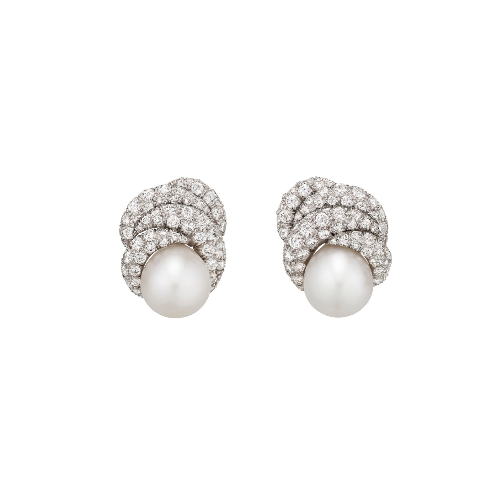 DAVID WEBB CULTURED PEARL AND DIAMOND EARRINGS: DAVID WEBB CULTURED PEARL AND DIAMOND EARRINGS Details Drop-shaped cultured pearls of approximately 14.44 to 14.31 mm, round diamonds, platinum, signed Webb, black David Webb pouch Diamonds: 132