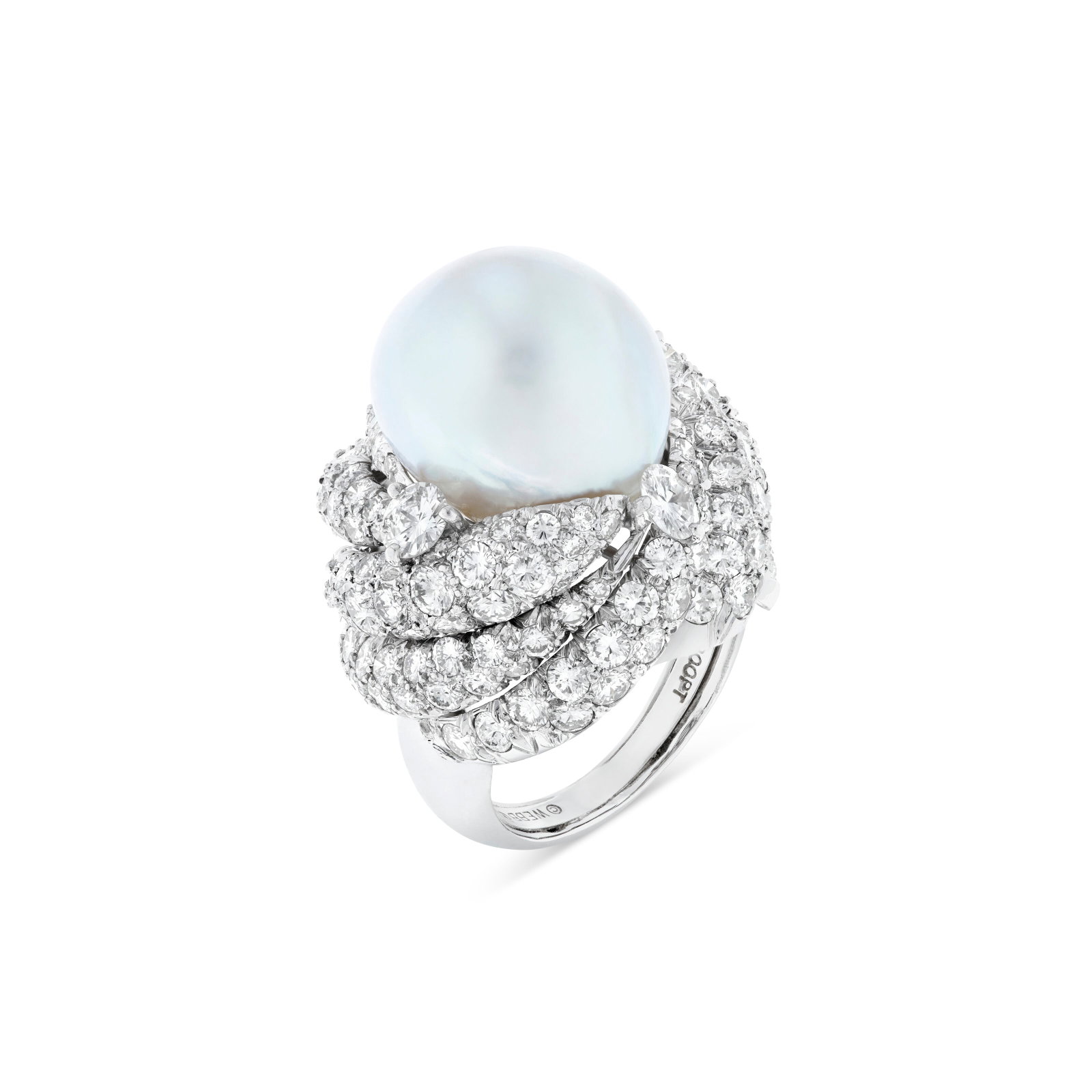 DAVID WEBB CULTURED PEARL AND DIAMOND RING: DAVID WEBB CULTURED PEARL AND DIAMOND RING Details Semi-baroque cultured pearl of approximately 17.80 - 16.00 mm, round diamonds, platinum, signed Webb Diamonds: 146 round with an approximate total