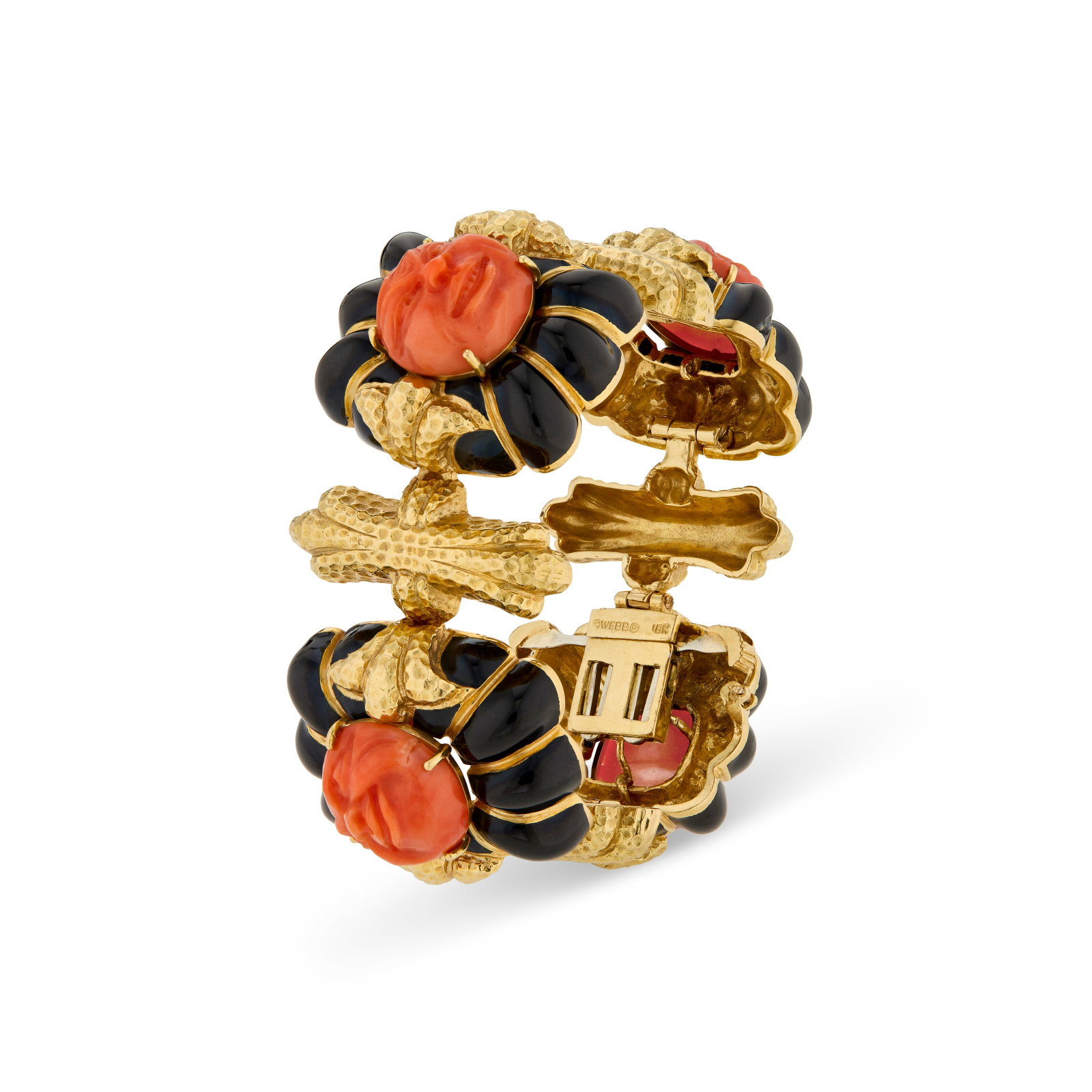 DAVID WEBB CORAL AND ENAMEL BRACELET: DAVID WEBB CORAL AND ENAMEL BRACELET Details Carved coral plaques each depicting a human face, black enamel, hammered 18k yellow gold, signed Webb, one panel with eye-visible chip and loss to the