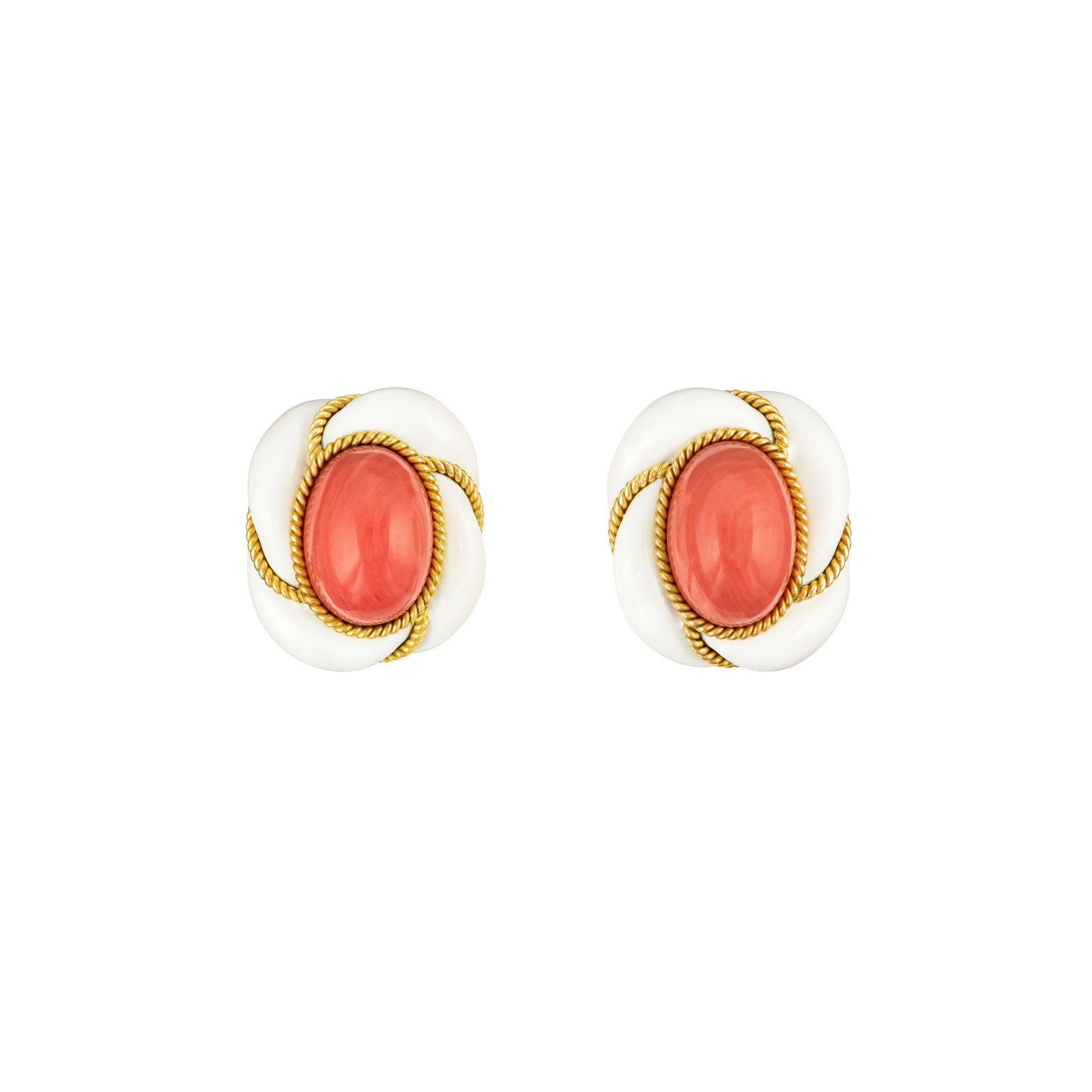 DAVID WEBB CORAL AND ENAMEL EARRINGS: DAVID WEBB CORAL AND ENAMEL EARRINGS Details Oval cabochon corals, white enamel, 18k yellow gold, circa 1975, signed Webb, black David Webb pouch Size/Dimensions: 2.8 x 2.5 cm (11⁄8 x 1 in)