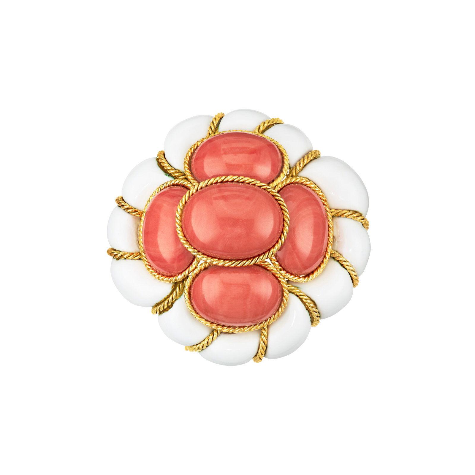 DAVID WEBB CORAL AND ENAMEL BROOCH: DAVID WEBB CORAL AND ENAMEL BROOCH Details Oval coral cabochons, white enamel, 18k yellow gold, circa 1975, signed Webb, David Webb Size/Dimensions: 5.0 x 5.0 cm (2 x 2 in) Gross Weight: 62.1 grams