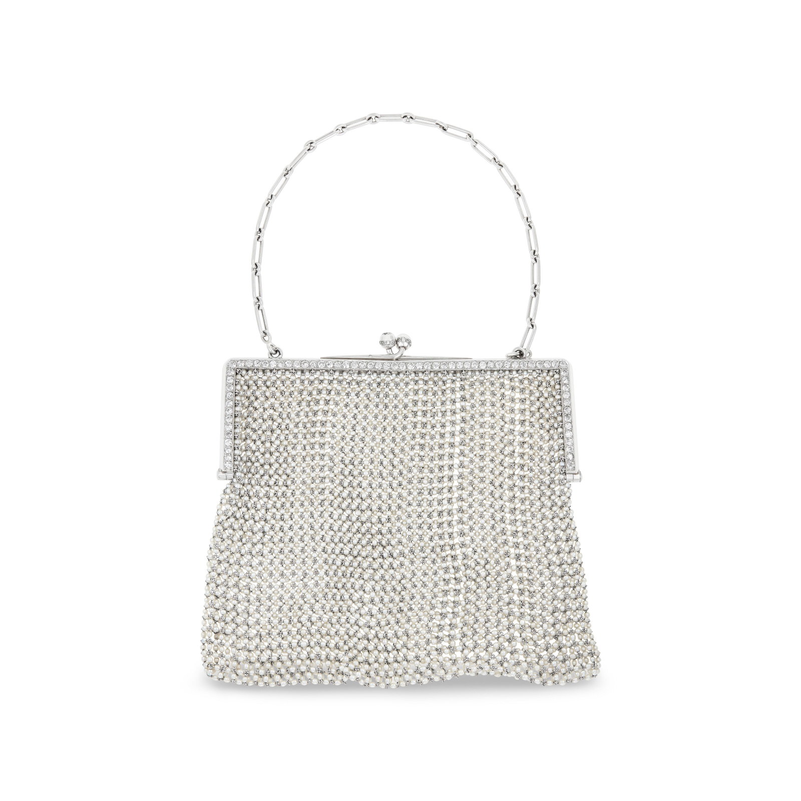 ART DECO DIAMOND AND SEED PEARL EVENING BAG: ART DECO DIAMOND AND SEED PEARL EVENING BAG Details Old-cut diamonds, near-round seed pearls, 18k white gold (French marks), platinum, numbered Diamonds: approximately 90 old-cut with an approximate