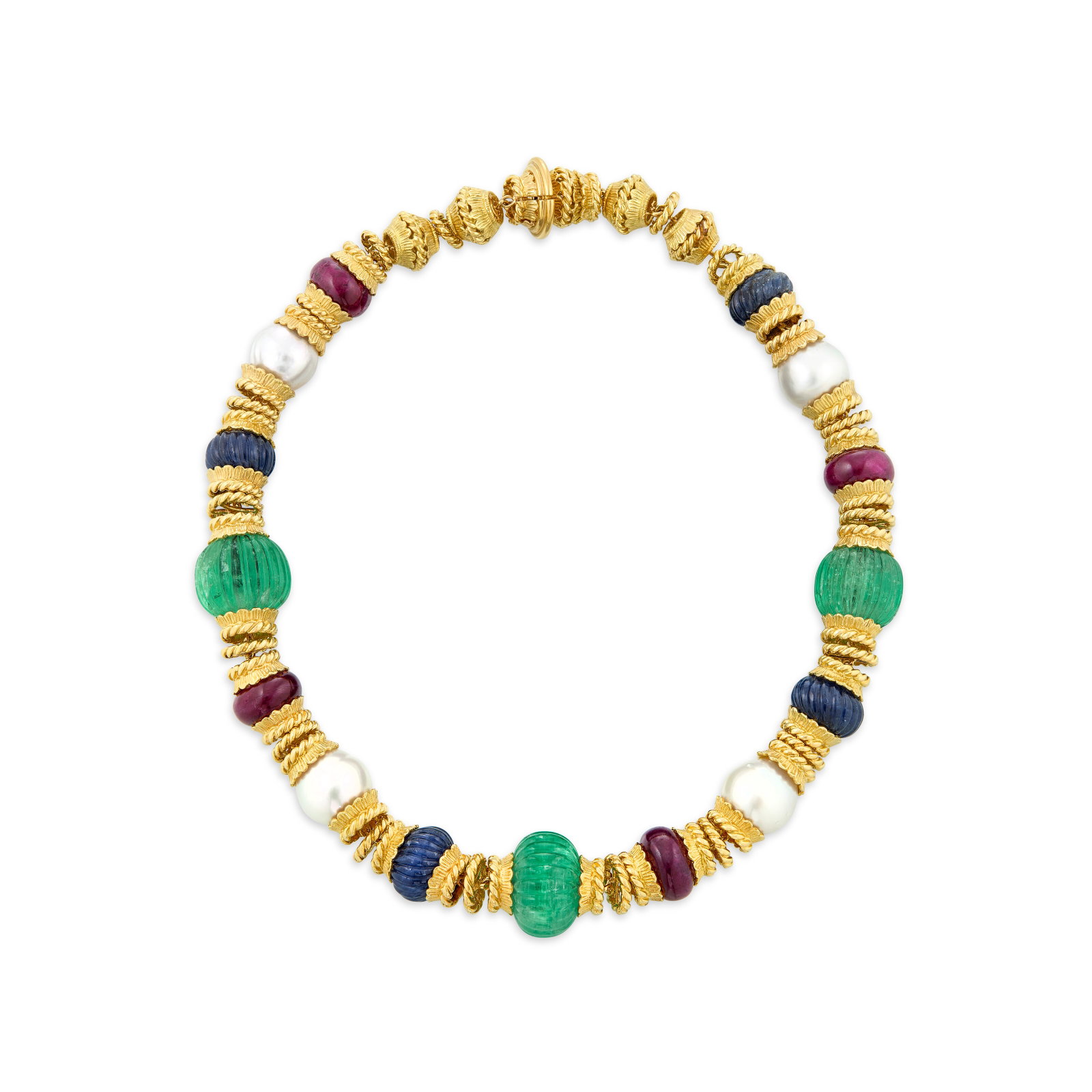 DAVID WEBB MULTI-GEM NECKLACE: DAVID WEBB MULTI-GEM NECKLACE Details Carved emerald and sapphire beads, ruby beads, near round cultured pearls ranging from approximately 16.50 to 14.80 mm, 18k yellow gold, signed Webb