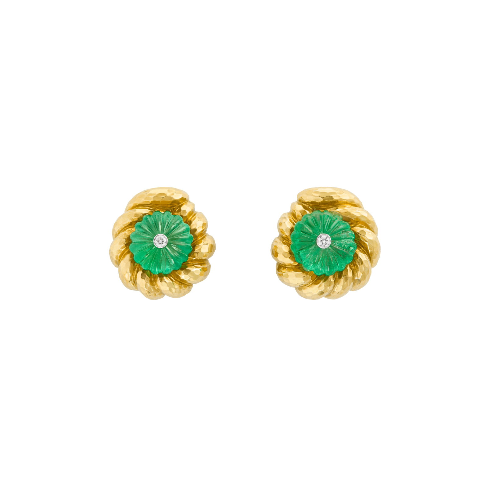 DAVID WEBB CARVED EMERALD AND DIAMOND EARRINGS: DAVID WEBB CARVED EMERALD AND DIAMOND EARRINGS Details Fluted emeralds, round diamonds, 18k yellow gold, platinum, signed David Webb Size/Dimensions: 2.5 cm (1 in) Gross Weight: 43.8 grams