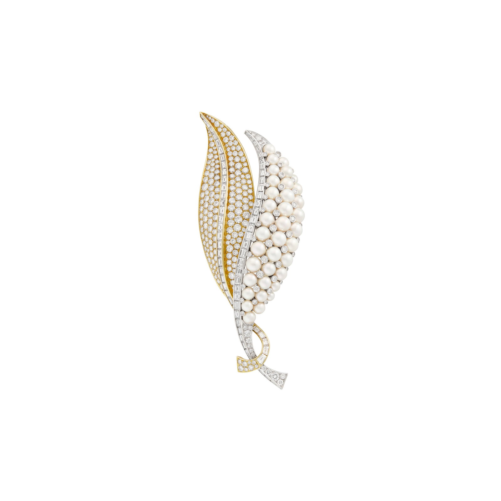 CULTURED PEARL AND DIAMOND DOUBLE-LEAF BROOCH: CULTURED PEARL AND DIAMOND DOUBLE-LEAF BROOCH Details Cultured pearls, round and baguette-cut diamonds, white and yellow gold Diamonds: approximately 290 with an approximate total weight total weight