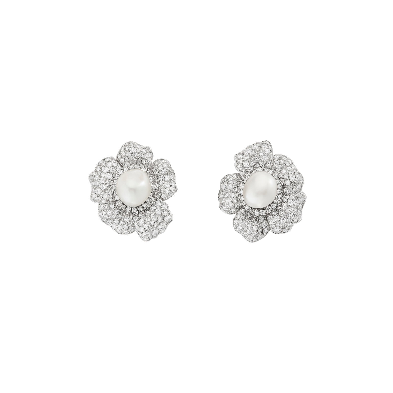 DAVID WEBB BAROQUE CULTURED PEARL AND DIAMOND FLOWER EARRINGS: DAVID WEBB BAROQUE CULTURED PEARL AND DIAMOND FLOWER EARRINGS Details Baroque cultured pearls of approximately 14.25 to 12.20 mm, round diamonds, platinum, signed Webb Diamonds: approximately 300