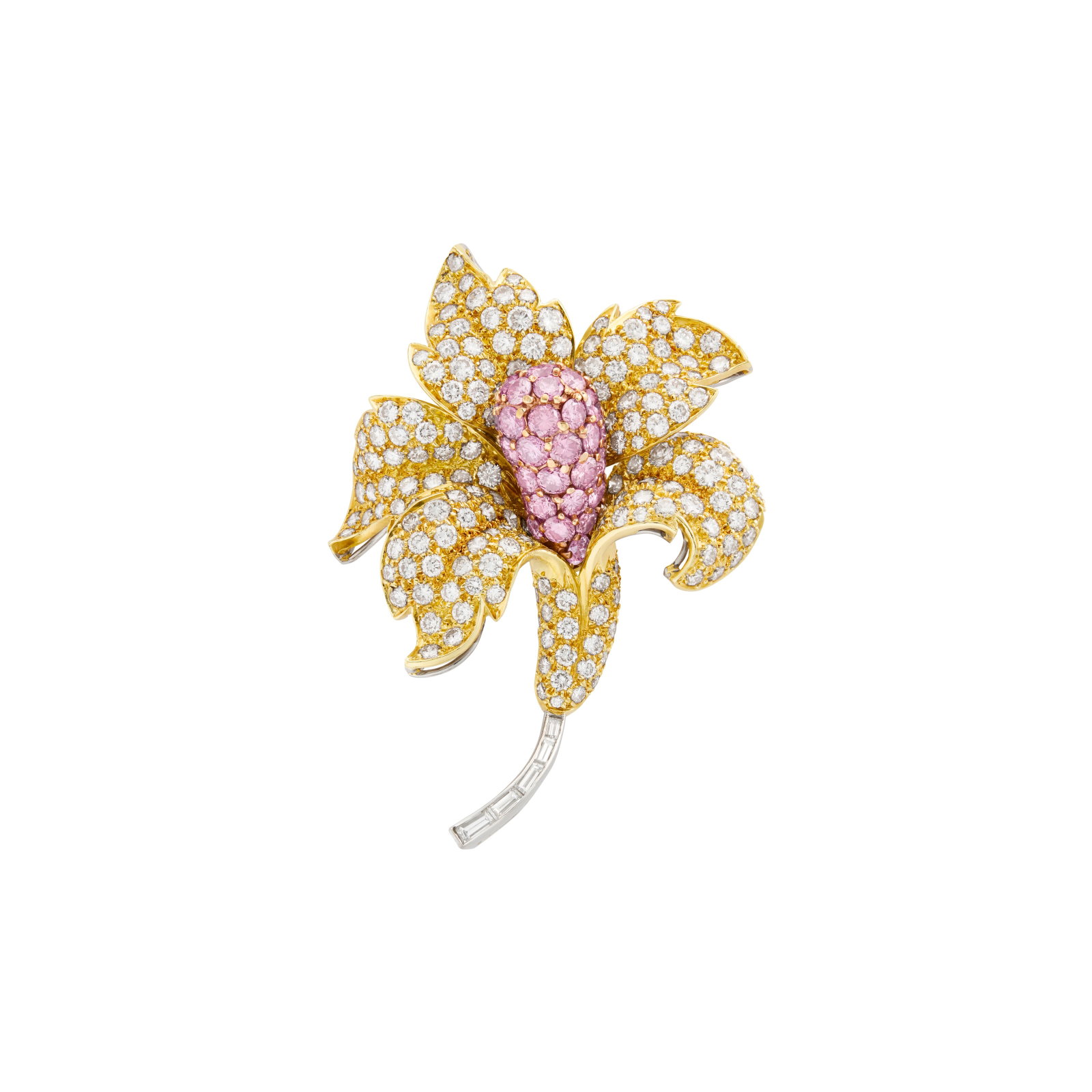 DIAMOND AND COLORED DIAMOND BROOCH: DIAMOND AND COLORED DIAMOND BROOCH Details Designed as a flower, round diamonds and colored diamonds, baguette-cut diamonds, yellow gold and platinum Diamonds: approximately 159 round and