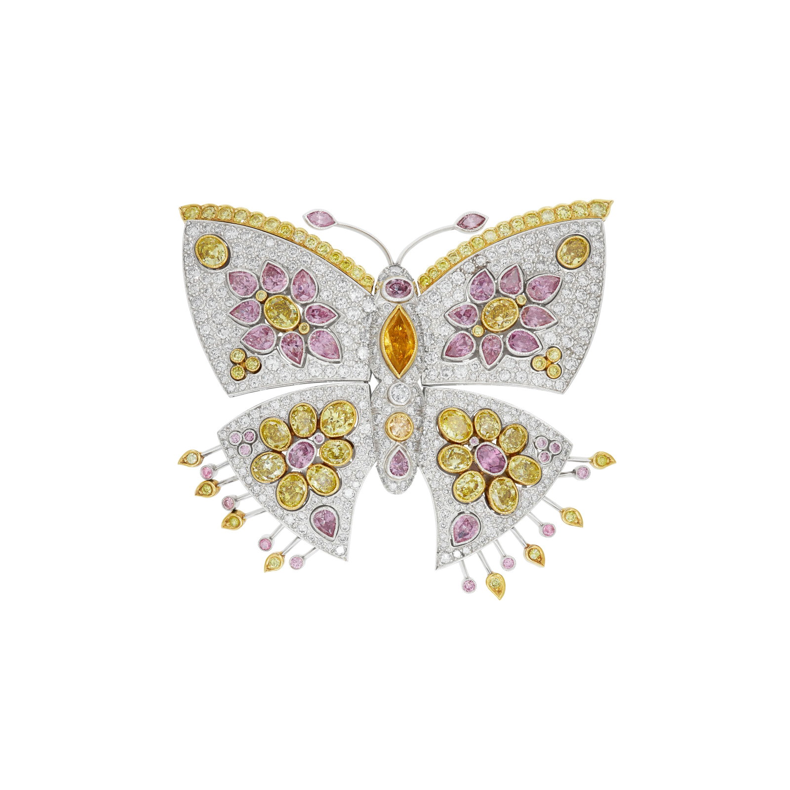 COLORED DIAMOND AND DIAMOND BUTTERFLY BROOCH: COLORED DIAMOND AND DIAMOND BUTTERFLY BROOCH Details Designed as an articulated butterfly, marquise, oval and round yellow and brownish orangy yellow diamonds, marquise, pear, oval and round purplish-
