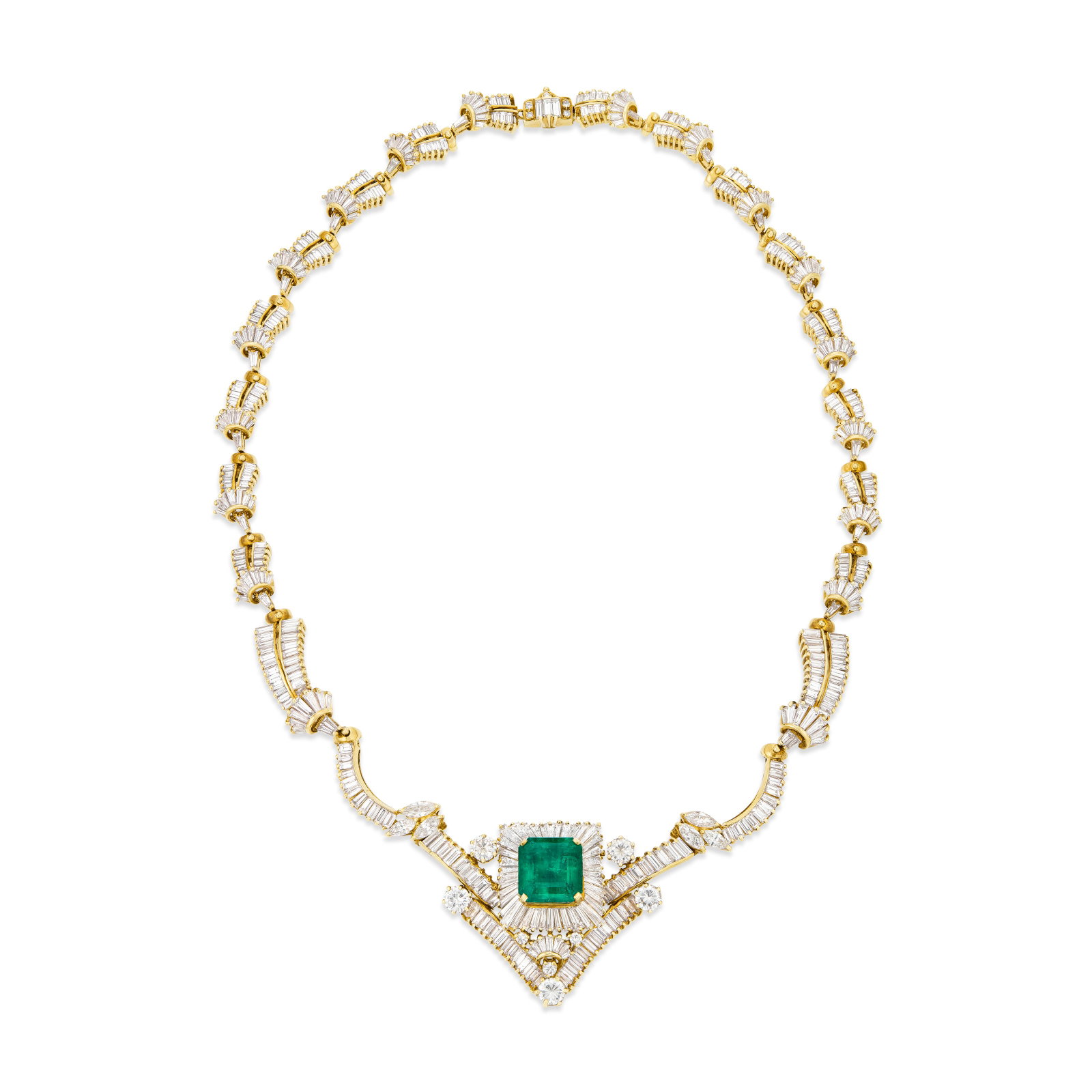 EMERALD AND DIAMOND NECKLACE: EMERALD AND DIAMOND NECKLACE Details Rectangular emerald-cut emerald, round, marquise, baguette and tapered baguette-cut diamonds, 18k yellow gold AGL, 2026, report no. 1156613: Colombia, minor