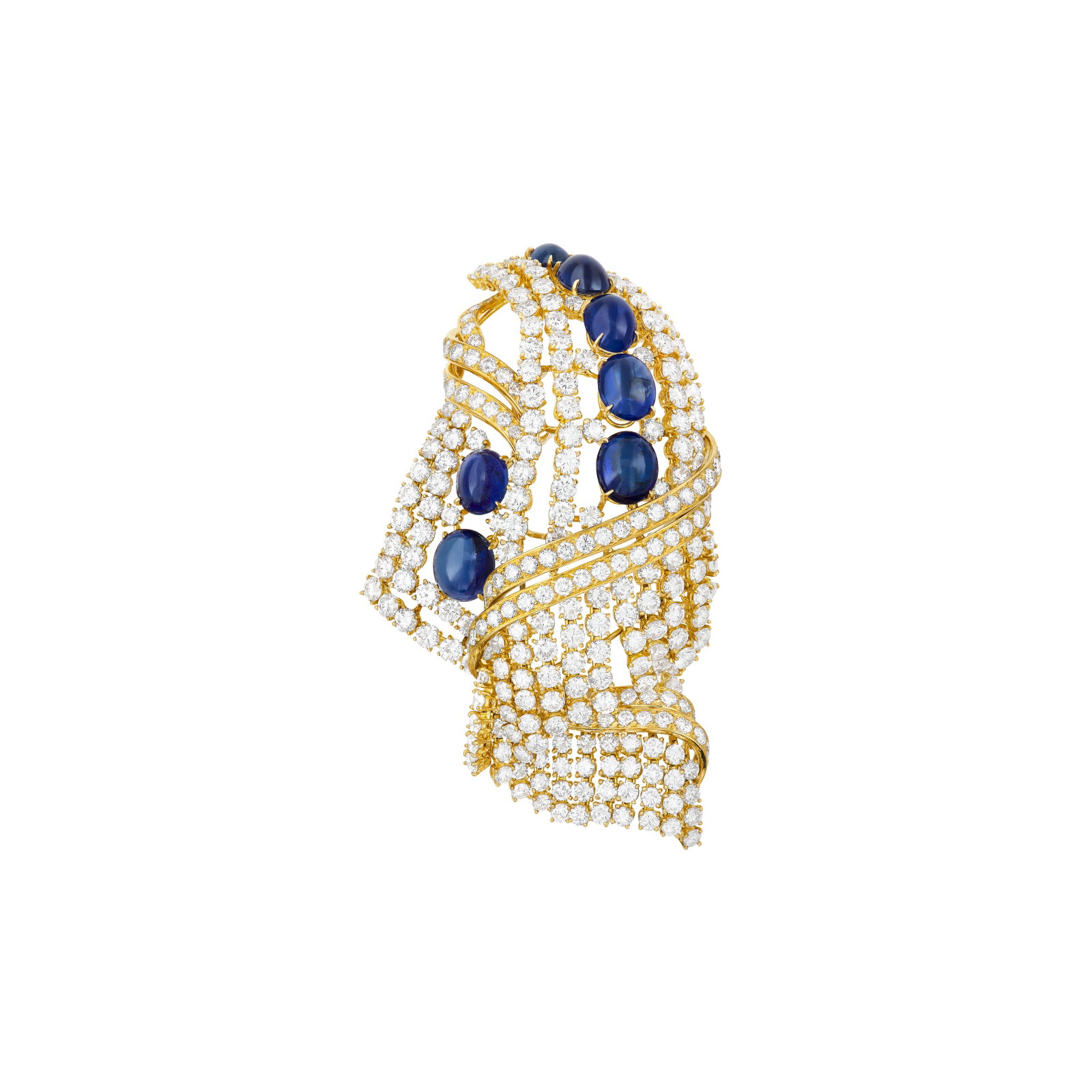 SAPPHIRE AND DIAMOND PENDANT-BROOCH: SAPPHIRE AND DIAMOND PENDANT-BROOCH Details Oval sapphire cabochons, round diamonds, yellow gold AGL, 2026, report no. 1156493: Ceylon and Thailand, heat enhancement, color stability: excellent