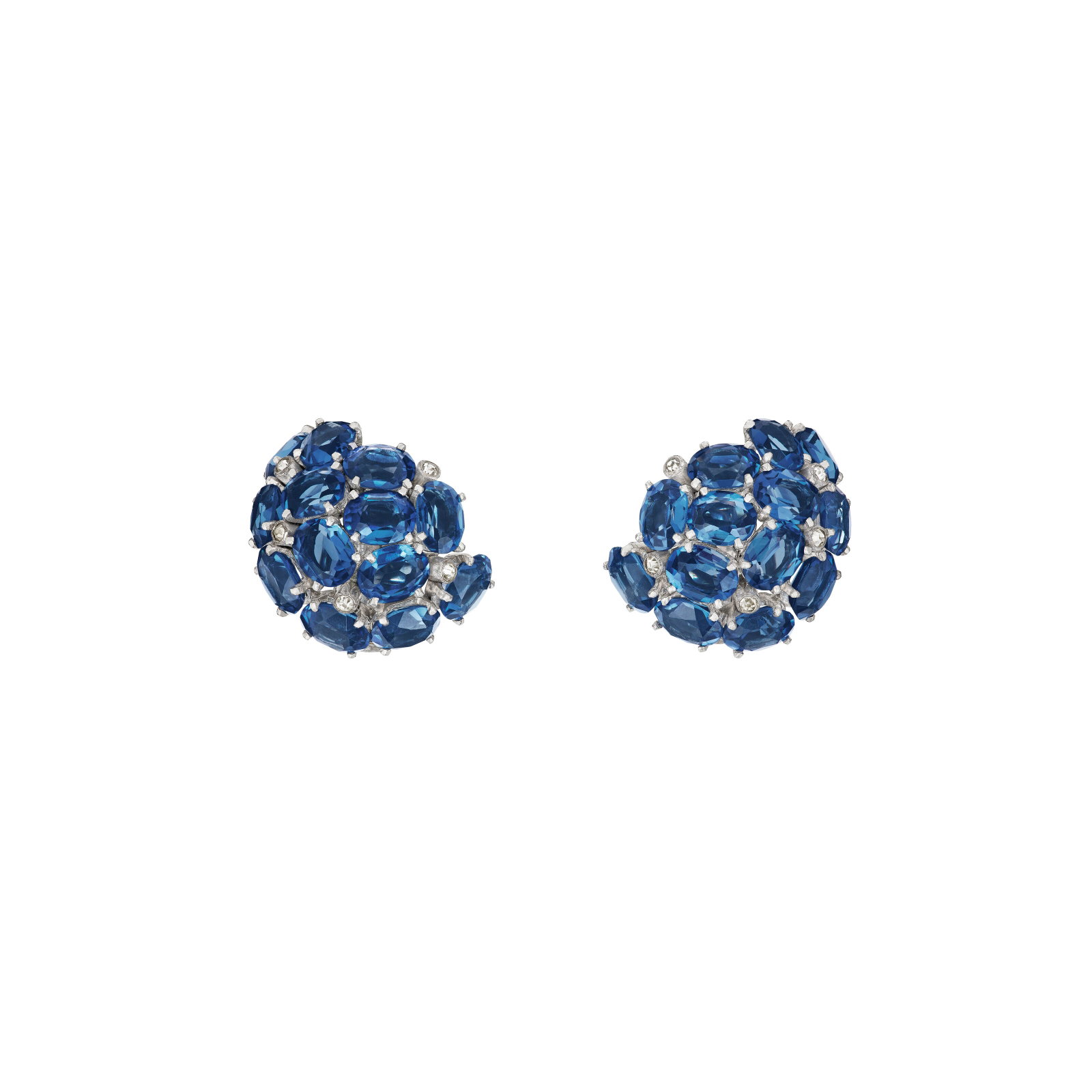 SAPPHIRE AND DIAMOND EARRINGS: SAPPHIRE AND DIAMOND EARRINGS Details Oval-shaped sapphires, old-cut diamonds, 18k white gold (French mark), circa 1945 Size/Dimensions: 2.8 x 2.5 cm (11⁄8 x 1 in) Gross Weight: 26.3 grams