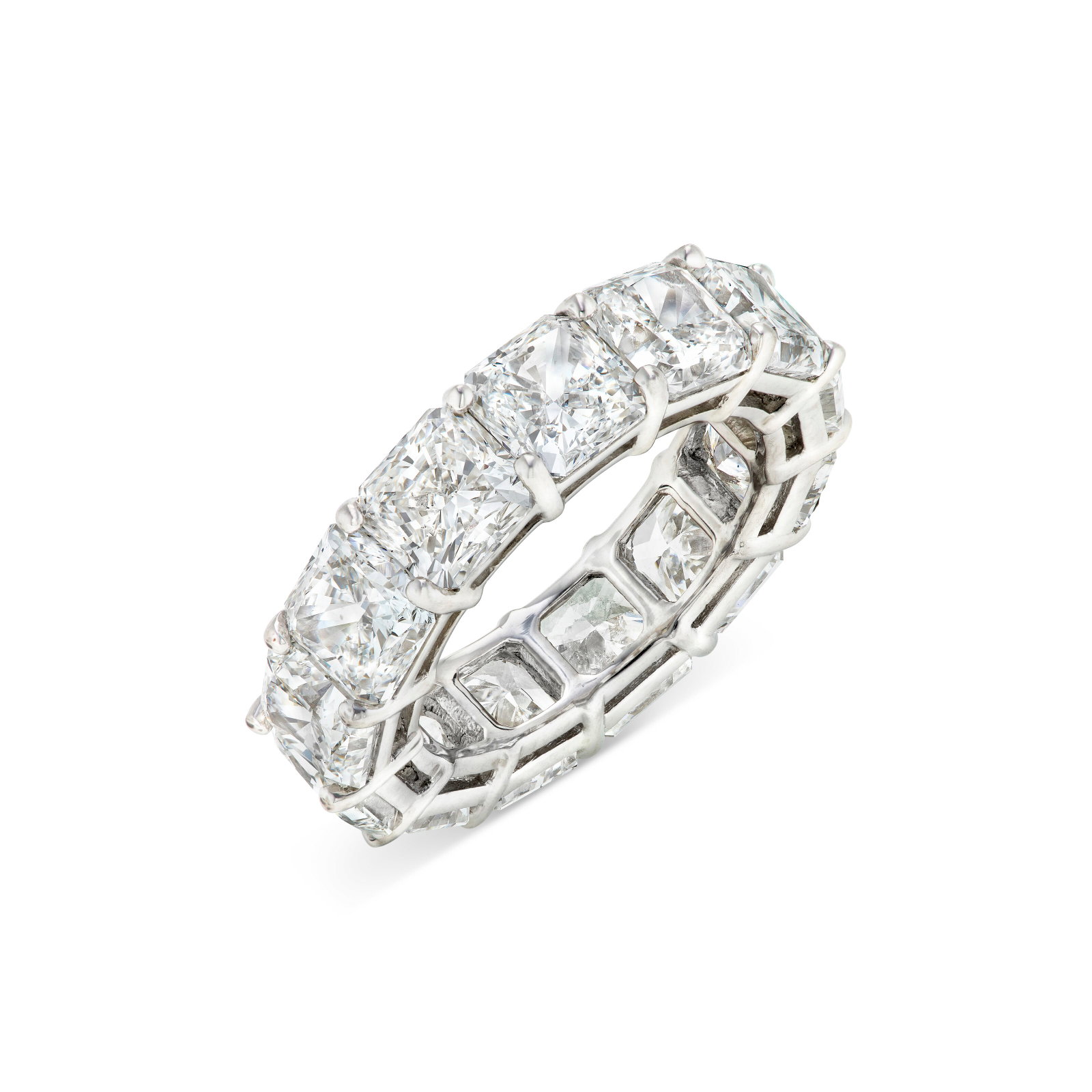 DIAMOND ETERNITY BAND RING: DIAMOND ETERNITY BAND RING Details Square-cut diamonds, platinum Diamonds: 13 square with an approximate total weight of 13.50 – 14.50 carats Size/Dimensions: US ring size 6 Gross Weight: 8.2 gr