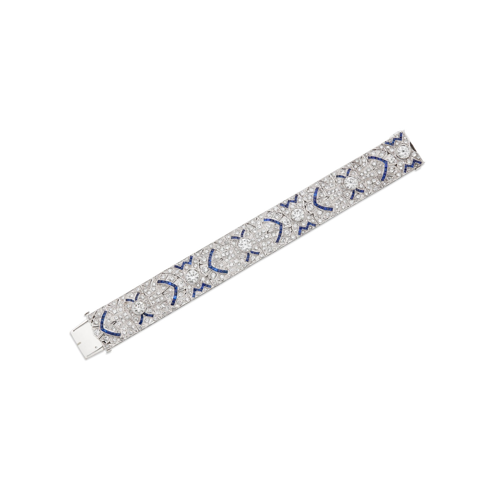 ART DECO DIAMOND AND SAPPHIRE BRACELET: ART DECO DIAMOND AND SAPPHIRE BRACELET Details Old-cut diamonds, French-cut sapphires, platinum, circa 1930, numbered Diamonds: 6 largest old-cut with approximate total weight of 6.00 - 6.25 carats,