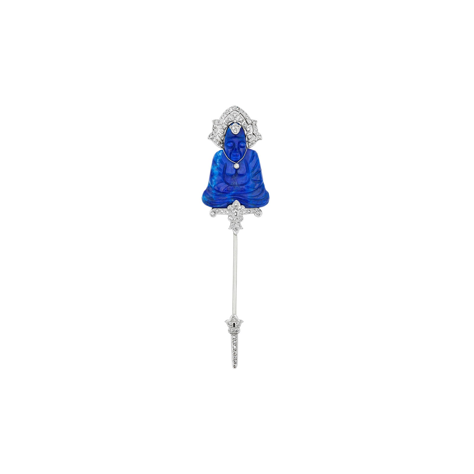 ART DECO LAPIS LAZULI AND DIAMOND JABOT PIN: ART DECO LAPIS LAZULI AND DIAMOND JABOT PIN Details Carved lapis lazuli, rose-cut diamonds, white gold, circa 1935 Size/Dimensions: 7.6 cm (3 in) Gross Weight: 7.1 grams Provenance Irene Roosevelt