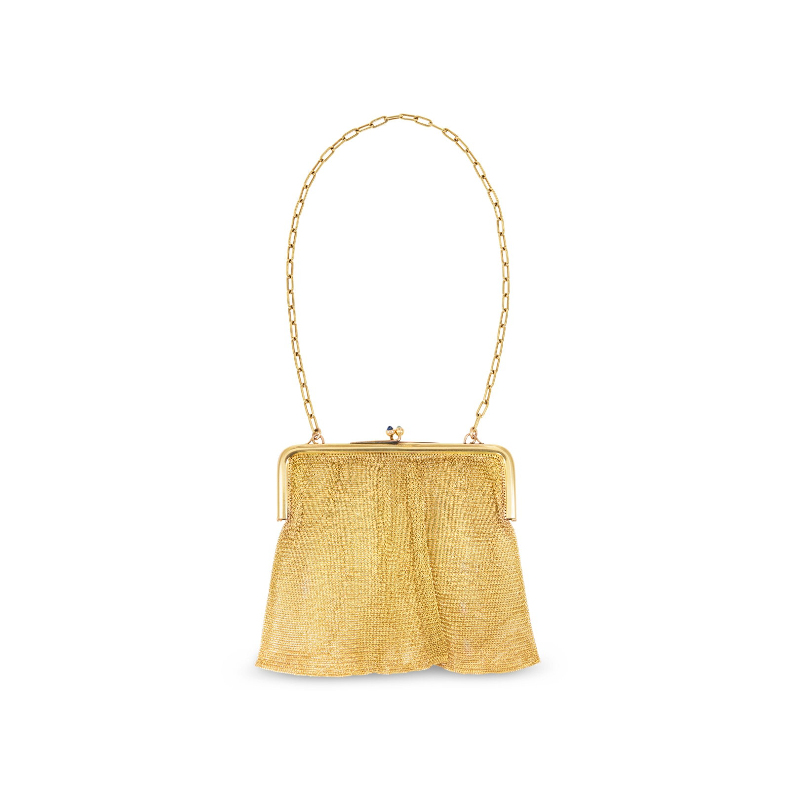 ANTIQUE GOLD AND SAPPHIRE EVENING BAG: ANTIQUE GOLD AND SAPPHIRE EVENING BAG Details Opening to reveal a single compartment, round cabochon sapphires, 15k yellow gold (British marks), circa 1900 Size/Dimensions: purse resting measurement
