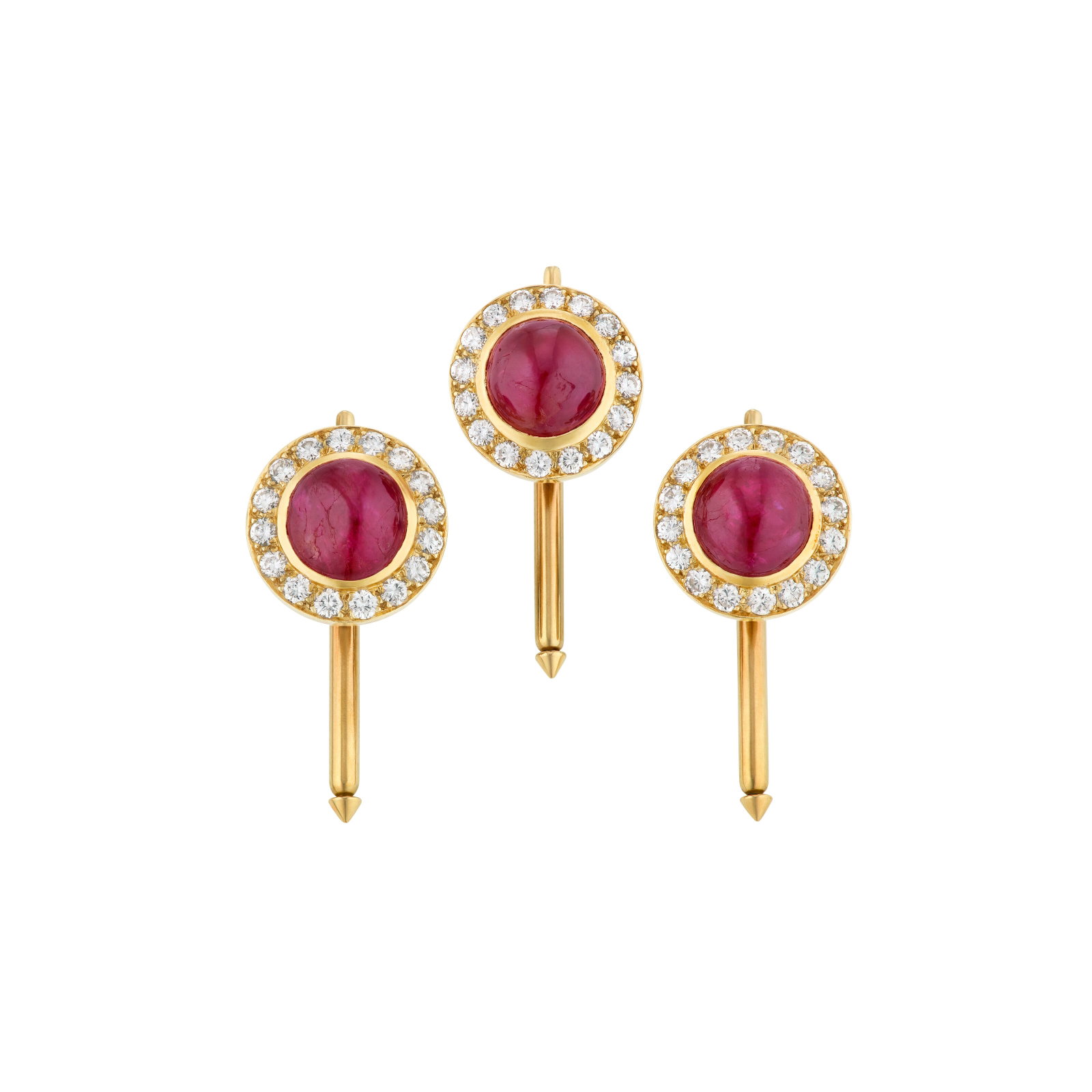 VAN CLEEF & ARPELS SET OF RUBY AND DIAMOND SHIRT STUDS: VAN CLEEF & ARPELS SET OF RUBY AND DIAMOND SHIRT STUDS Details Comprising three shirt studs, round ruby cabochons, round diamonds, 18k yellow gold, each signed Van Cleef & Arpels N.Y., each numbered,