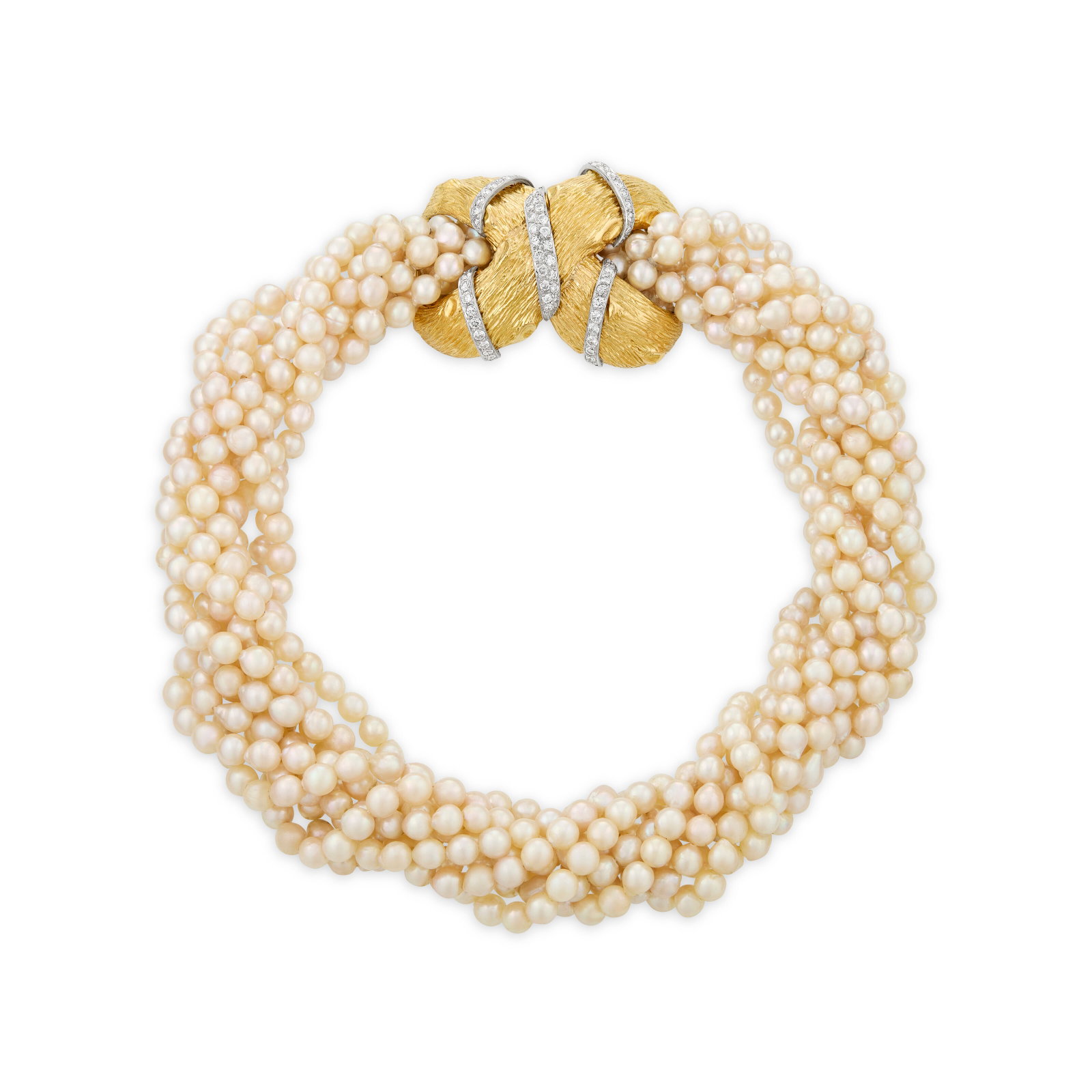 CULTURED PEARL, DIAMOND AND GOLD TORSADE NECKLACE: CULTURED PEARL, DIAMOND AND GOLD TORSADE NECKLACE Details Near-round cultured pearls of approximately 6.00 to 5.25 mm, round diamonds, yellow gold Diamonds: 66 round with an approximate total weight
